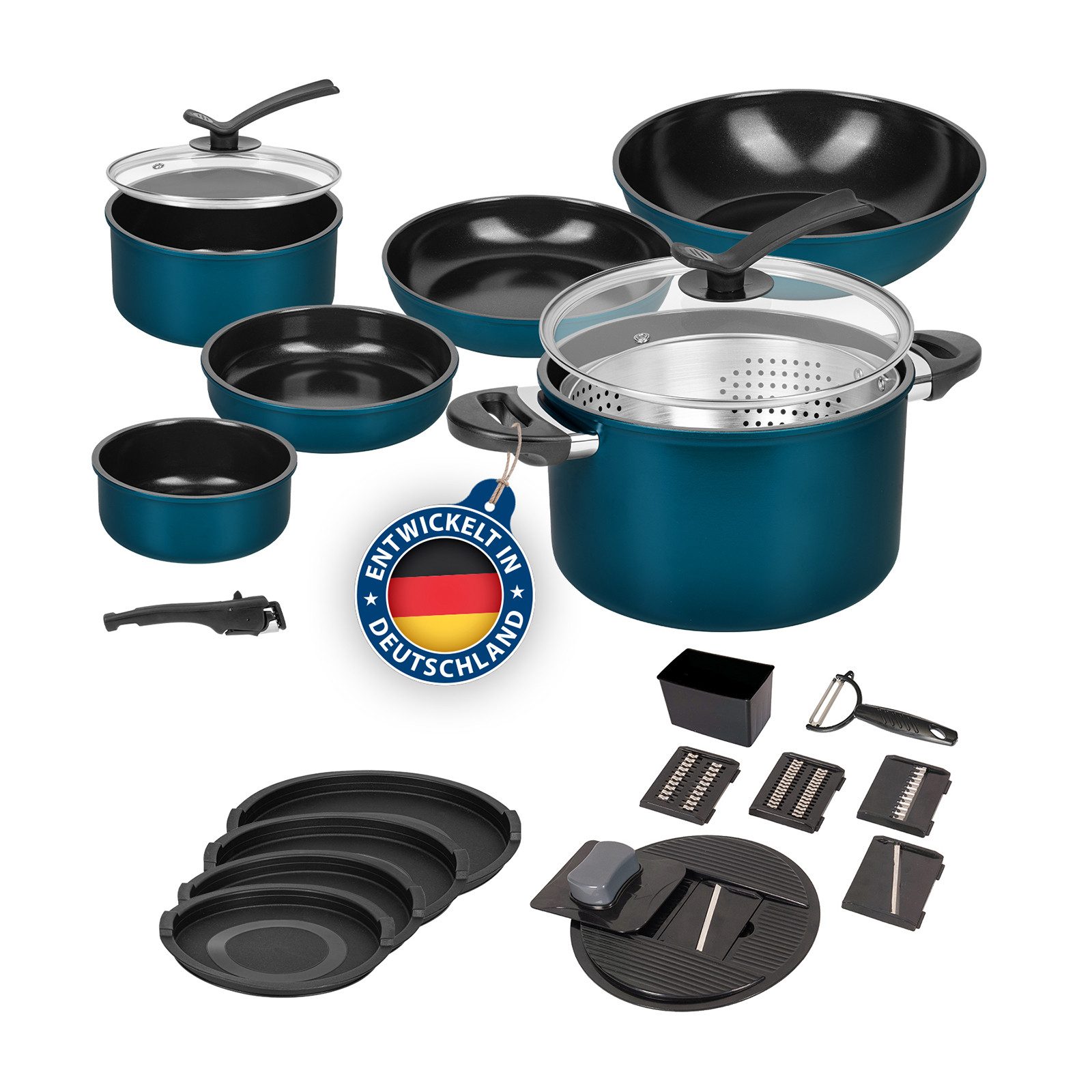 Genius Geschirr-Set Kochgeschirr Kelton 3 in 1 mit Pfannen, Töpfe, Deckel 27tlg., Antihaftbeschichtet