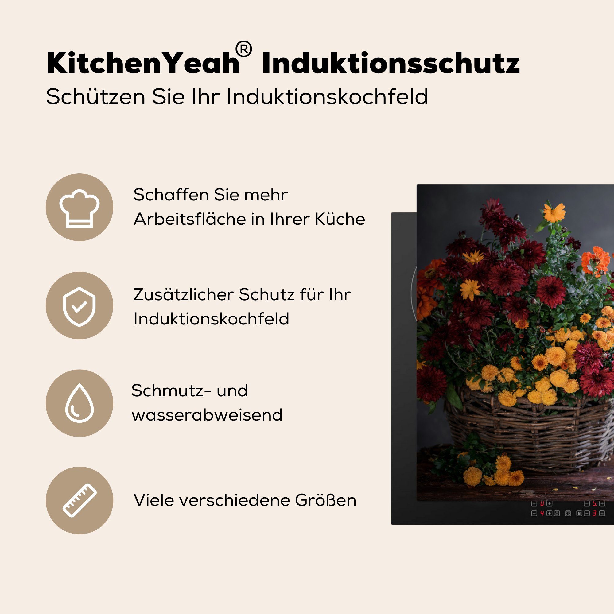 - Chrysantheme, - Herdblende-/Abdeckplatte tlg), cm, für Korb 81x52 Schutz die küche, (1 Vinyl, Ceranfeldabdeckung Induktionskochfeld Stilleben MuchoWow