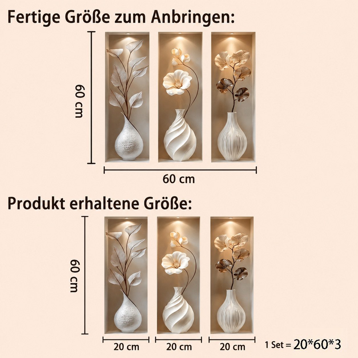 MOPUEA Wandsticker Wandtattoo Wandaufkleber 3 Stück mit Vasen- und Blumenmotiven (3D Wanddekoration moderne Vasenbilder wasserdichte Wandkunstaufkleber), für Wo – Bild 2 von 5
