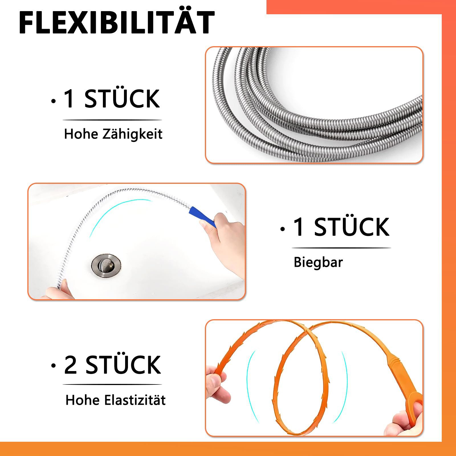 FOUORTUNATE-BEE Rohrreinigungsspirale 4 Stück Abflussreinigungswerkzeug Abflussreiniger Spirale, (4 tlg), Doppelkopf-Rohrreinigungsbürste Abflussreiniger Sticks – Bild 4 von 5
