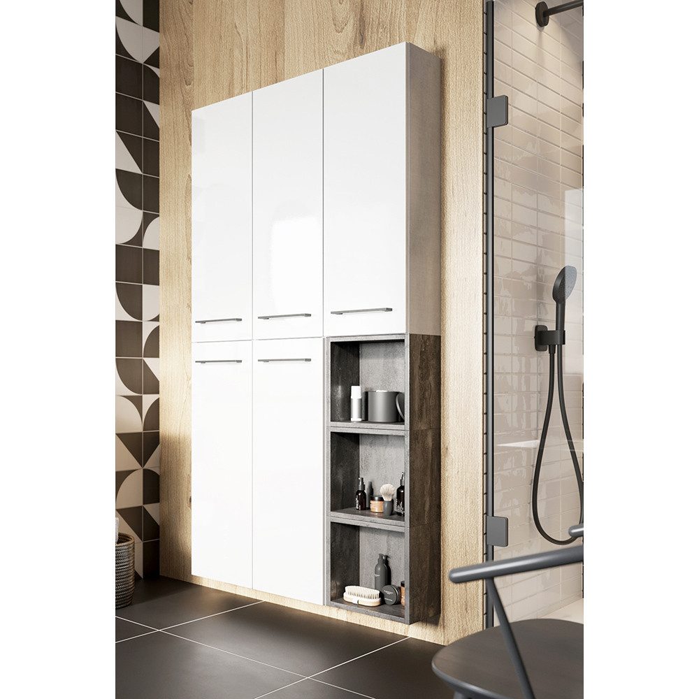 Lomadox Badmöbel-Set MESSINA-107, (Spar-Set), in weiß Hochglanz Nb. mit Beton-Dunkel 90/180/22 cm