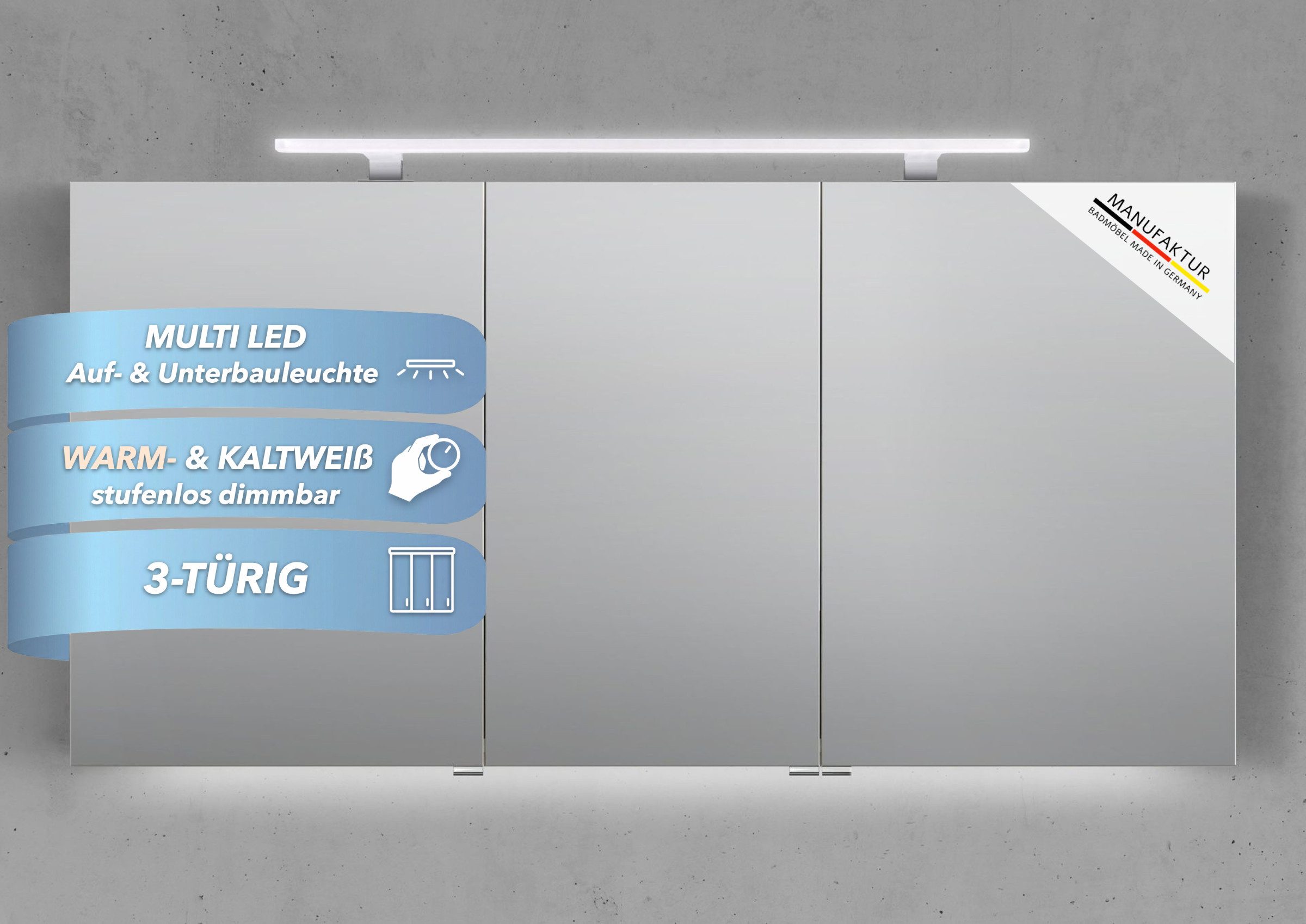 Intarbad Badezimmerspiegelschrank 3-türiger Spiegelschrank mit MULTI LED Acryl Aufsatzleuchte, dimmbar (Doppelspiegeltüren, Holz-/ Lackdekore, Maße von 120 bis 140 cm wählbar, Höhe 70 cm, Glasfachböden, Magnetleiste & Kosmetikspiegel Ø 12 cm) Vormontierte Lieferung, Floatglas, 160 kg Traglast, Made in Germany