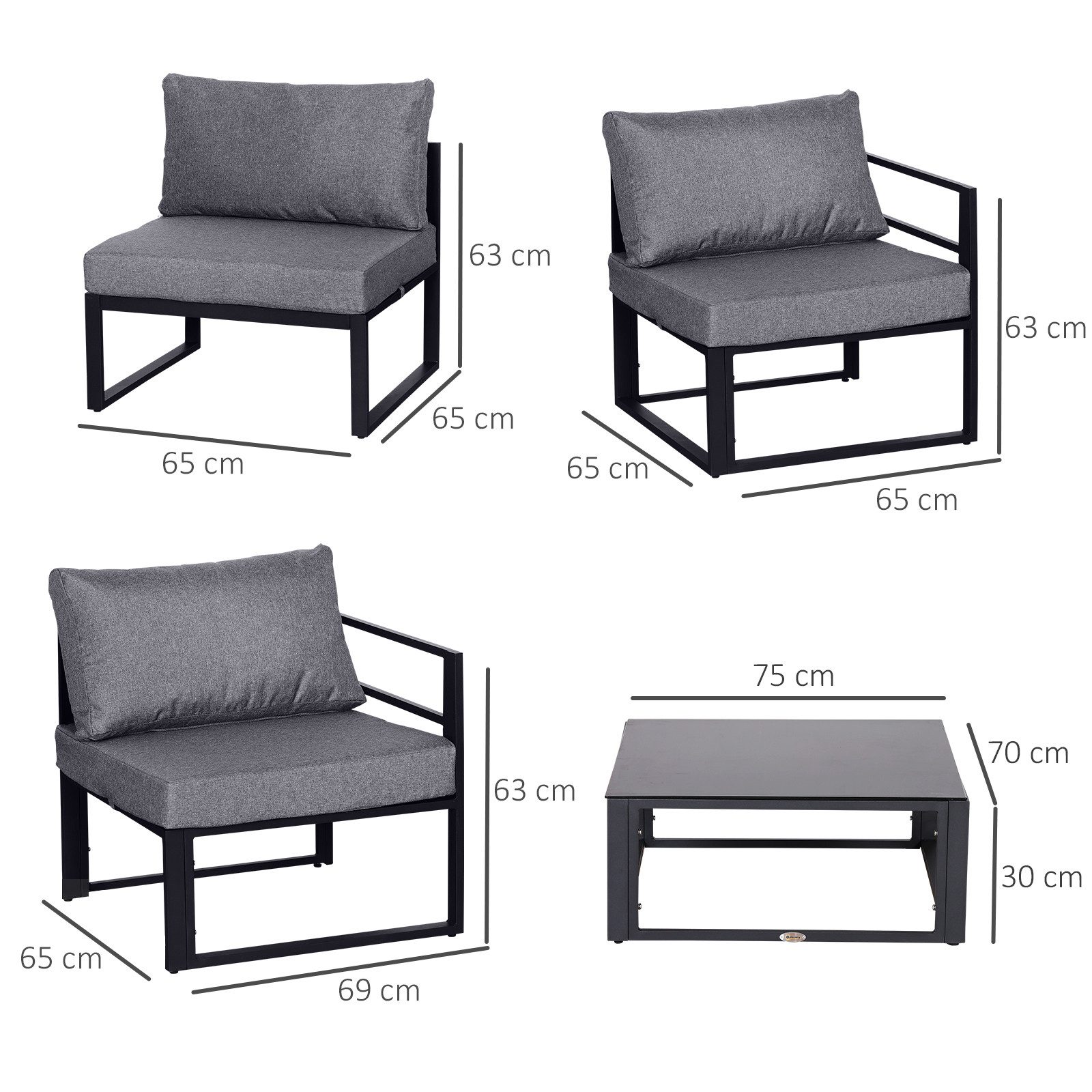 Outsunny Sitzgruppe Gartensofaset Gartenmöbel Alu+ Polyester + Hartglas 4 x Sessel, (Gartenset, 6-tlg., Gartengarnitur), für Garten, Balkon, Grau