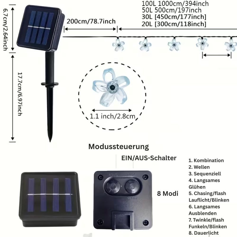 Montegoni LED-Streifen 5m 20 LED Solar Lichterkette Kirschblüten Beleuchtung LED 8 Modi, Warmes, gelbes Licht, Dimmbar, Solarbetrieben, Energiesparend