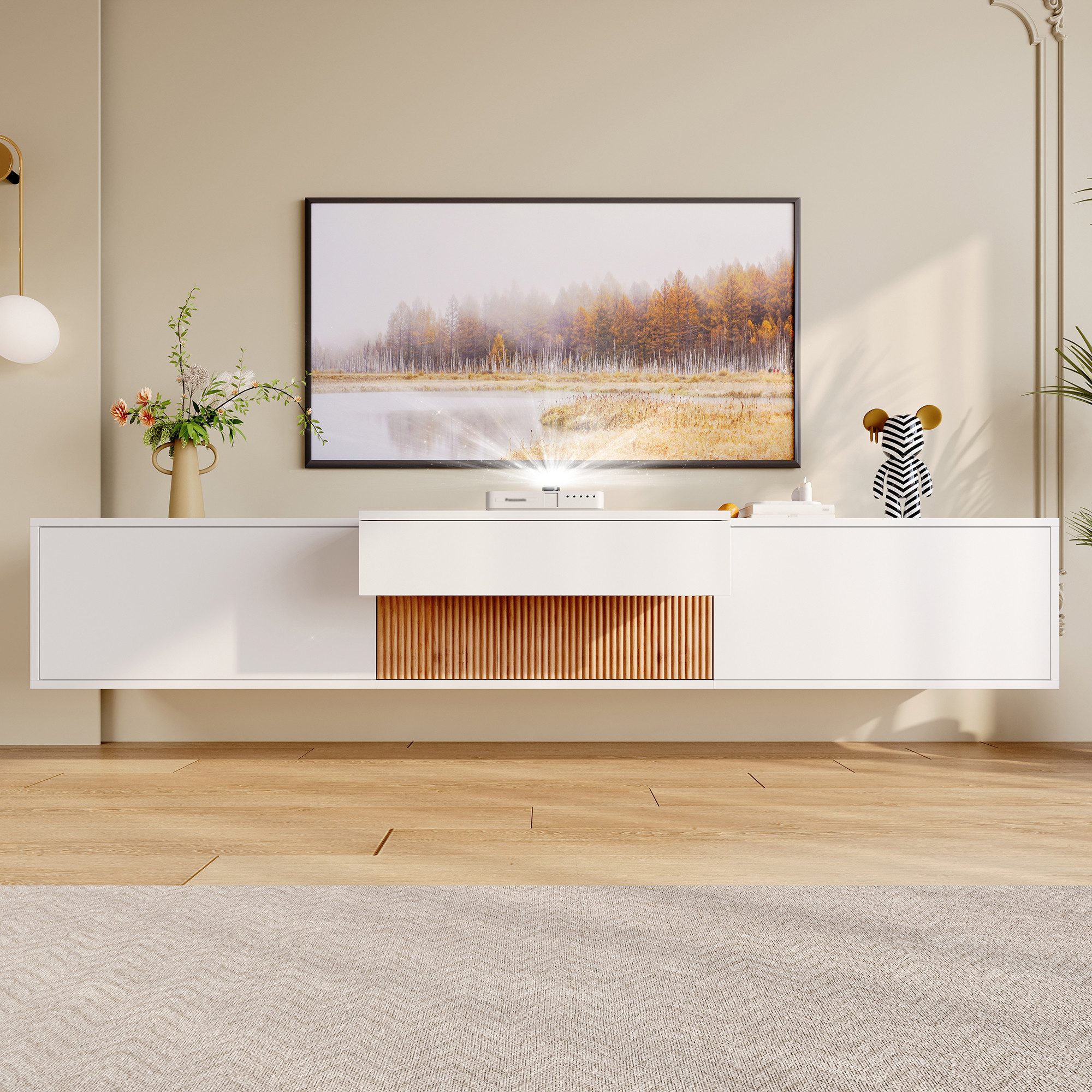 OKWISH TV-Schrank Fernsehschrank 180x34x30 cm mit ausziehbarer Projektorablage (Packung, 1-St., Einzigartige Holzmaserung, Geeignet für Wohnungen jeder Größe) Einzigartiges Design, Doppelfunktion Audio/Video und Stauraum