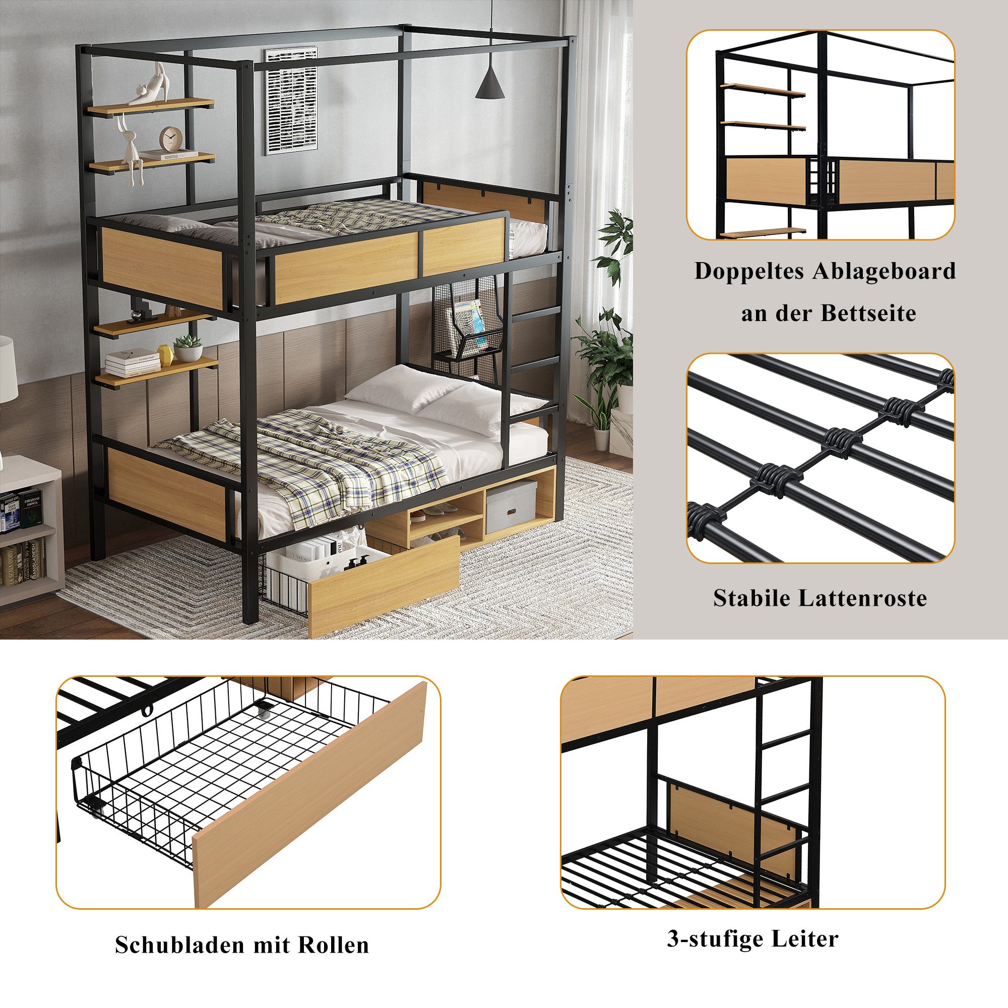 Flieks Etagenbett, Kinderbett Metallbett 90x200cm mit Ablageflächen und Schublade
