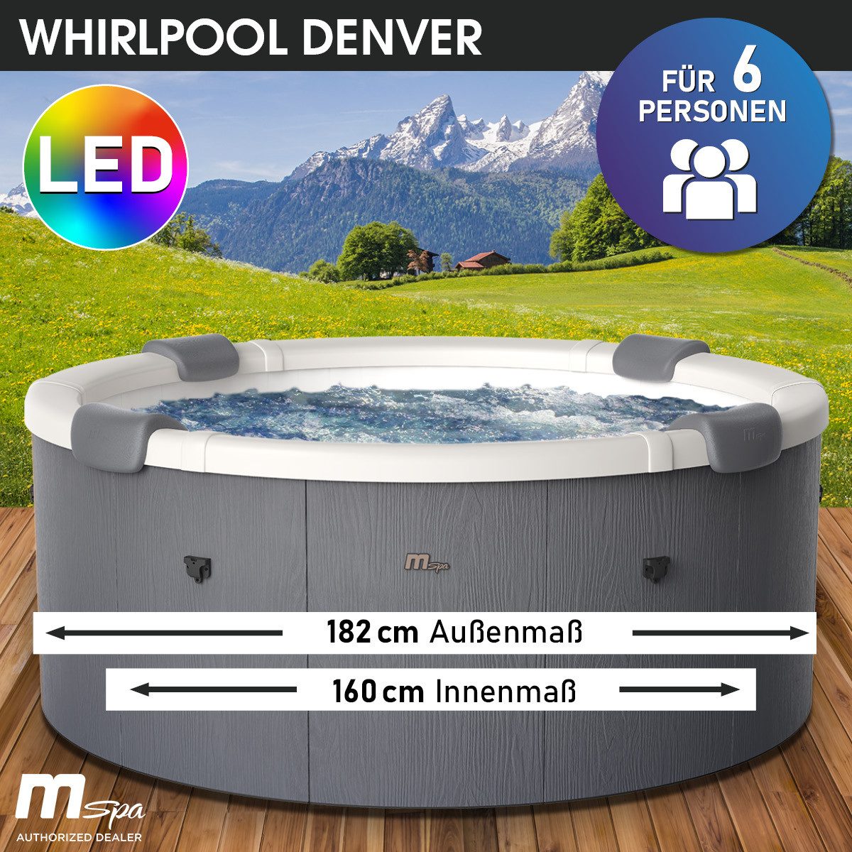 BRAST Whirlpool MSpa Denver & Rova mit Fester Außenwand, Ø182x70cm, (Stromsparend, LED Beleuchtung), für 6 Personen, Ganzjähriger Einsatz