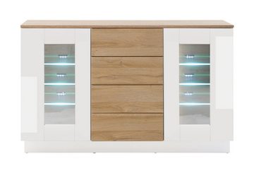 Furn.Design Sideboard Savanna (Kommode in weiß Hochglanz und Eiche hell, 136 x 85 cm), mit Push-to-Open Funktion