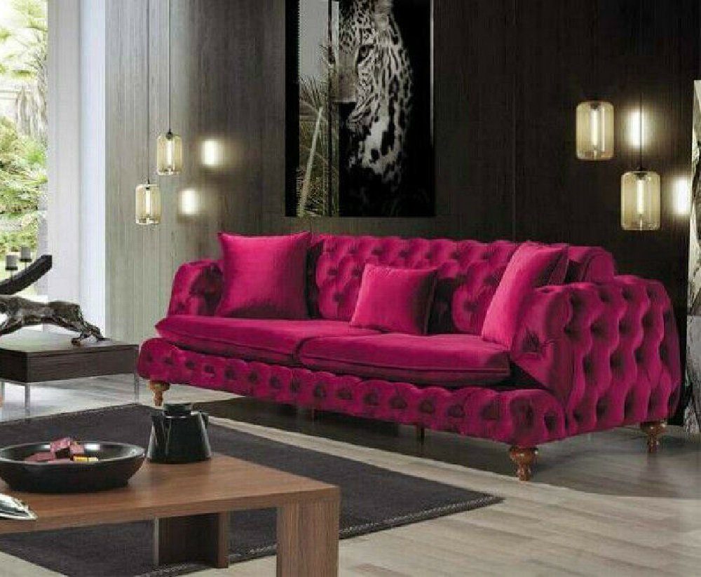 Stoff Sitzer Polster Sofa Couch 3 Samt Chesterfield Textil JVmoebel Pink Sofa,