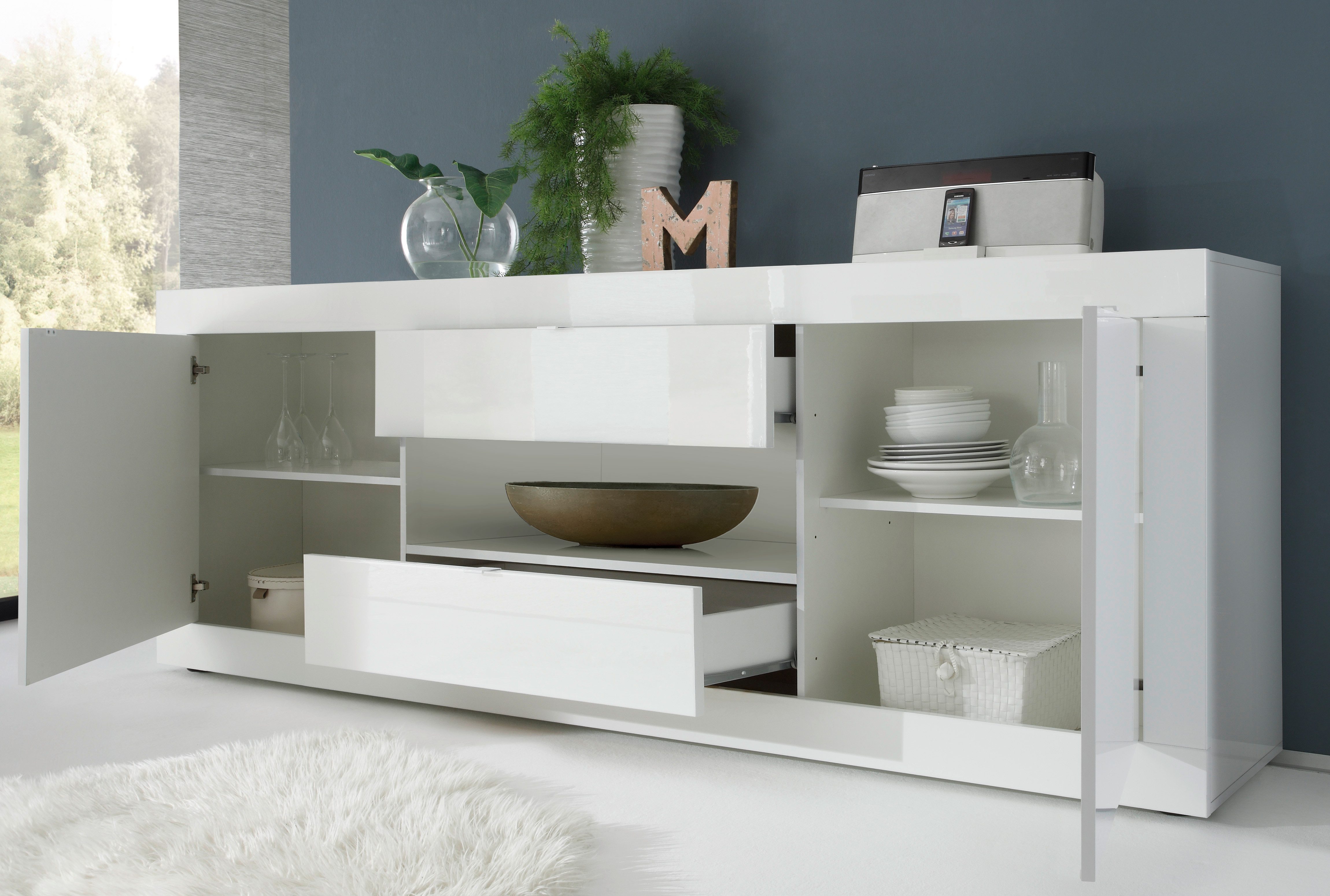 INOSIGN Sideboard Basic Breite 240 cm, Kommode 2 Türen, 2 Schubkästen, Anrichte, Weiss HochglanzLack, Metallgriff, moderne Rahmenoptik, viel Stauraum