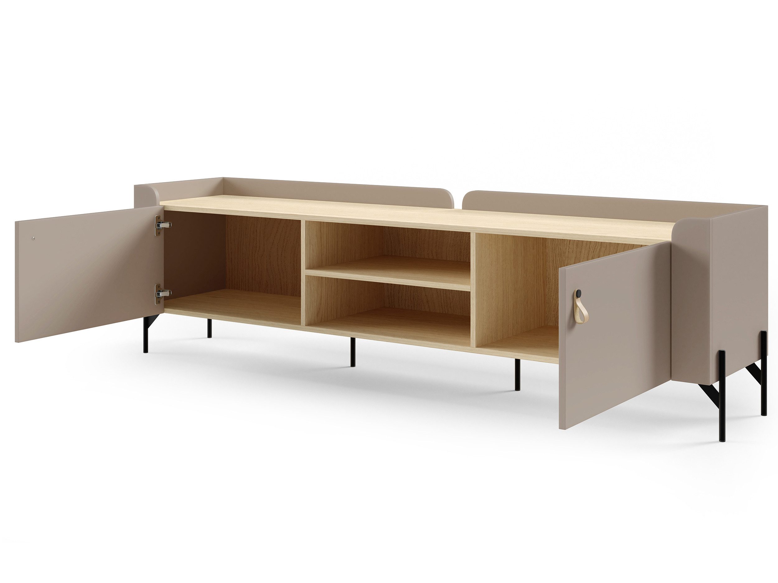Beautysofa TV-Schrank SORELLA 2-türig, 195 cm (Metallfüßen und Designergriffen aus Leder, modernes Lowboard mit 2 offenen Fächern) Porcini oder Macadamia mit Eiche Mavelie
