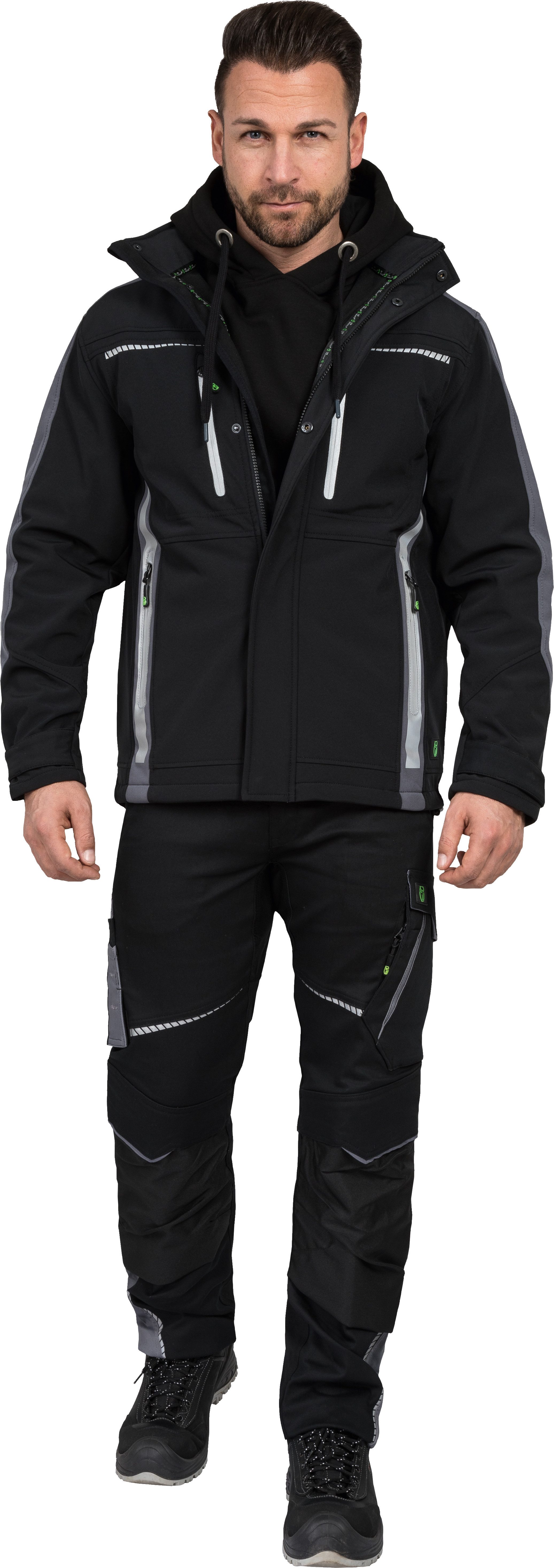 Leibwächter Softshelljacke Flex-Line Herren Übergangsjacke mit Kapuze (atmungsaktive Regenjacke, wasserdichte Softshell Arbeitsjacke) robustes 3-Lagenlaminat-Softshell, Reflektoren für gute Sichtbarkeit