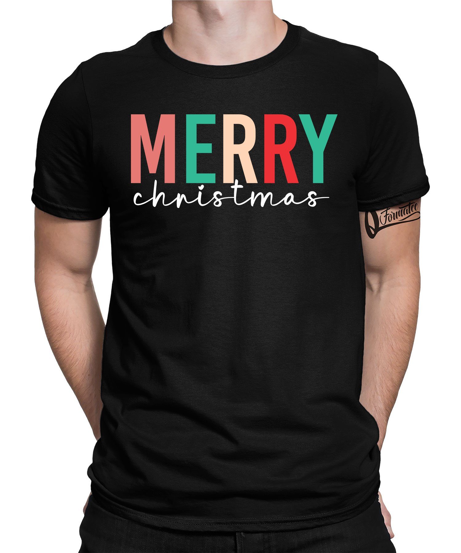 - Merry Herren Christmas Formatee (1-tlg) Weihnachtsgeschenk X-mas Weihnachten Kurzarmshirt Quattro T-Shirt Schwarz