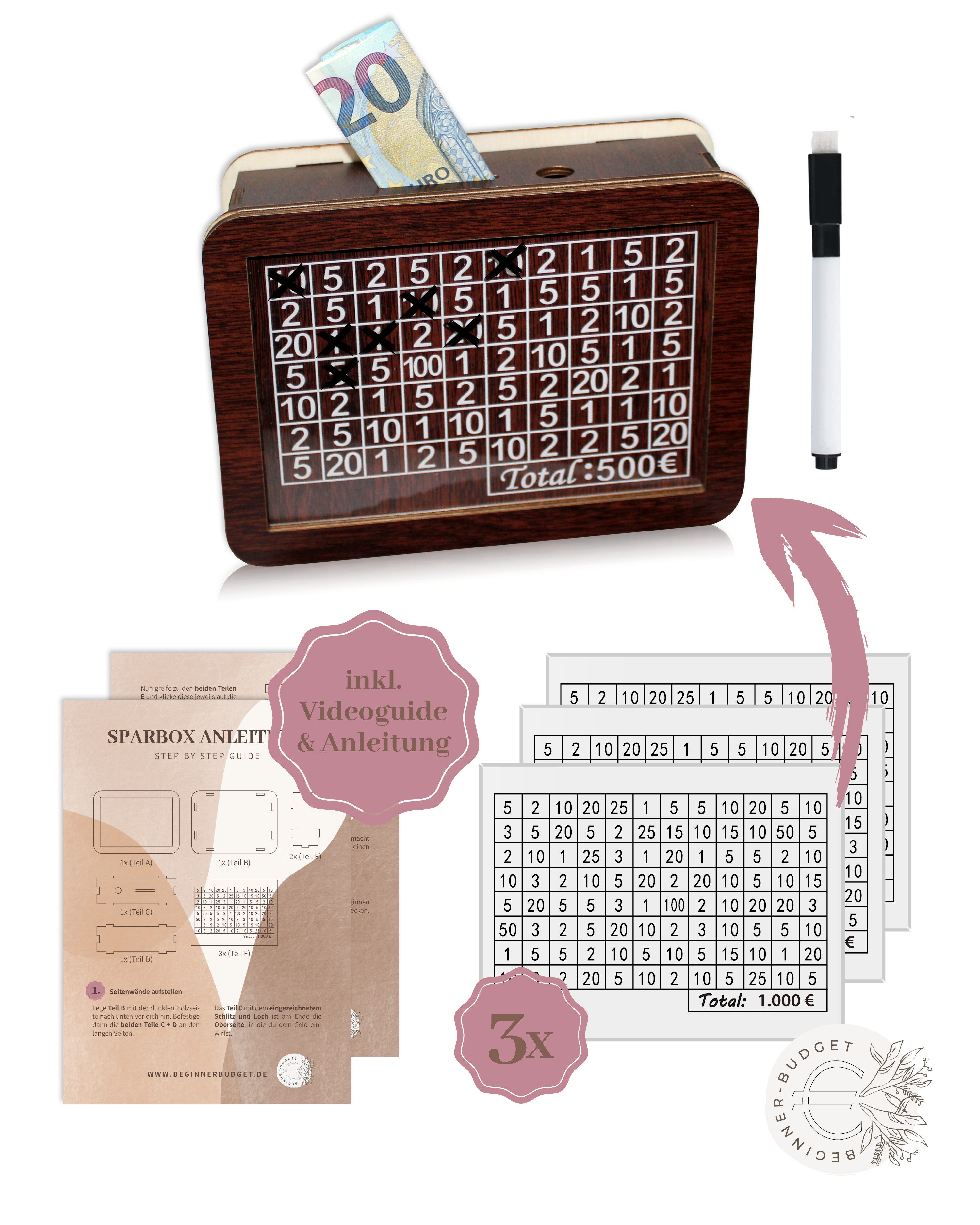 BeginnerBudget Spardose 3-in-1 Holz Spardose mit Sparzielen zum ankreuzen ( günstig online kaufen