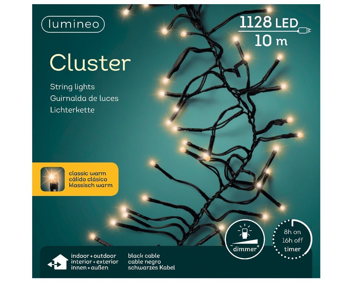 Lumineo LED-Lichterkette »Lichterkette Cluster 1128 LED's 10 m klassisch  warm, schwarzes Kabel«, Indoor & Outdoor, dimmbar, 8h-Timer, Weihnachten,  Dekoration