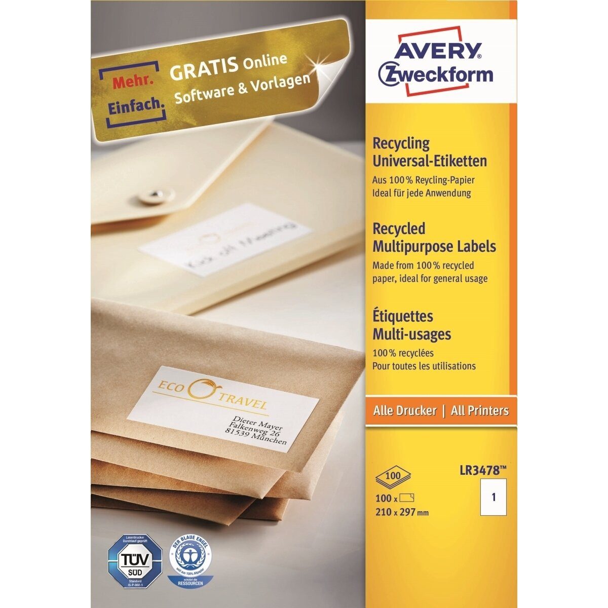 Avery Zweckform Etiketten Universal-Etiketten 210x297mm Recycling naturweiß VE=100 Stück