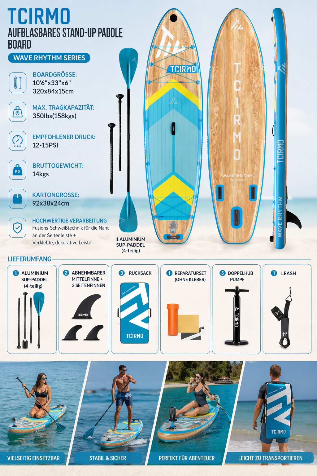 COIL SUP-Board Aufblasbares SUP Board Set – Stand Up Komplettset, (Set, mit Paddel, mit Pumpe), wasserdichte Handytasche, Stabil, Leicht, Zubehör