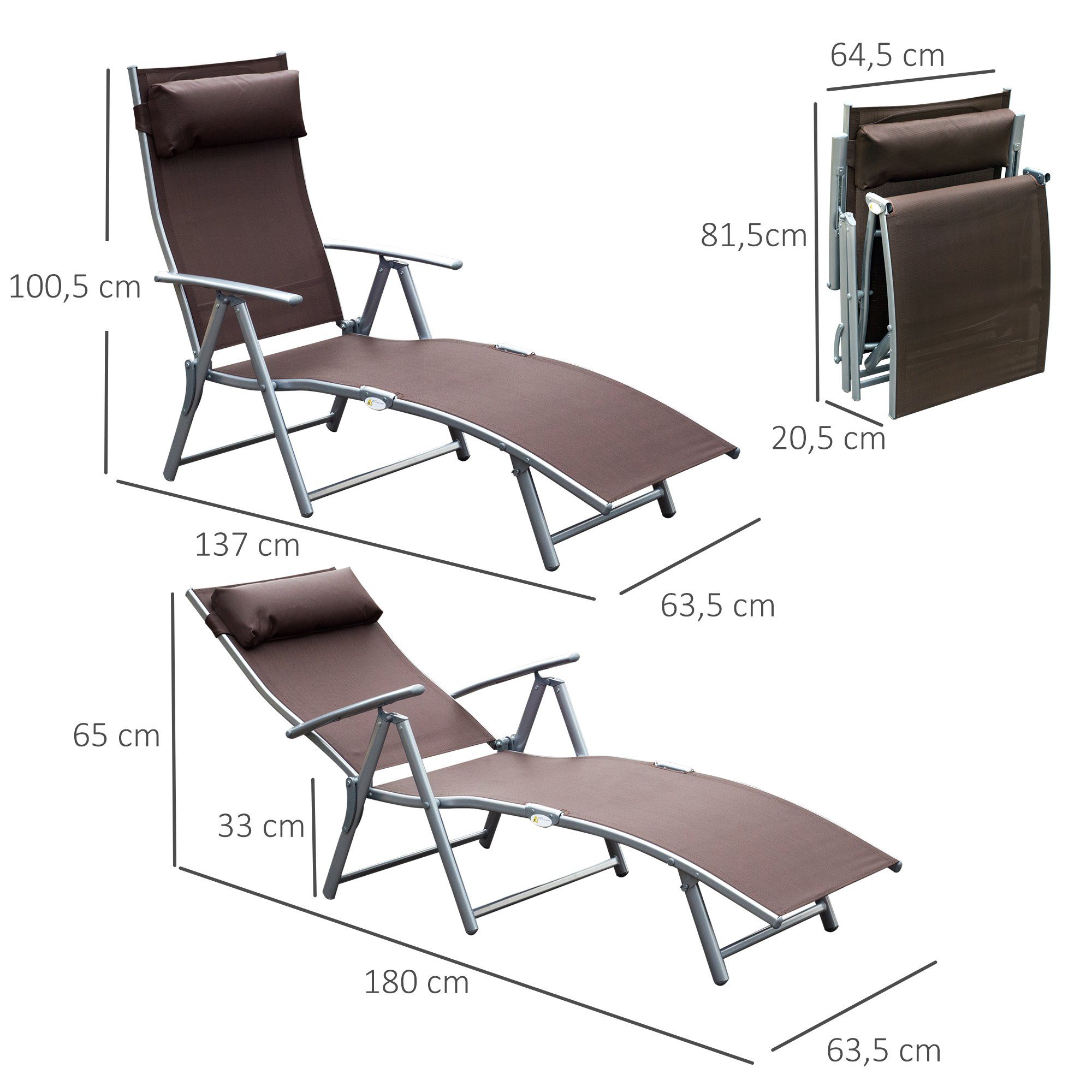 Outsunny Gartenliege Garten Metall Stoff 137 x 63,5 x 100,5 cm, Liegestuhl mit 7-Fach verstellbare Rückenlehne, 1 St., Strandliege mit Kopfkissen, Klappbar, mit Kopfkissen, 7-fach verstellbare Rückenlehne