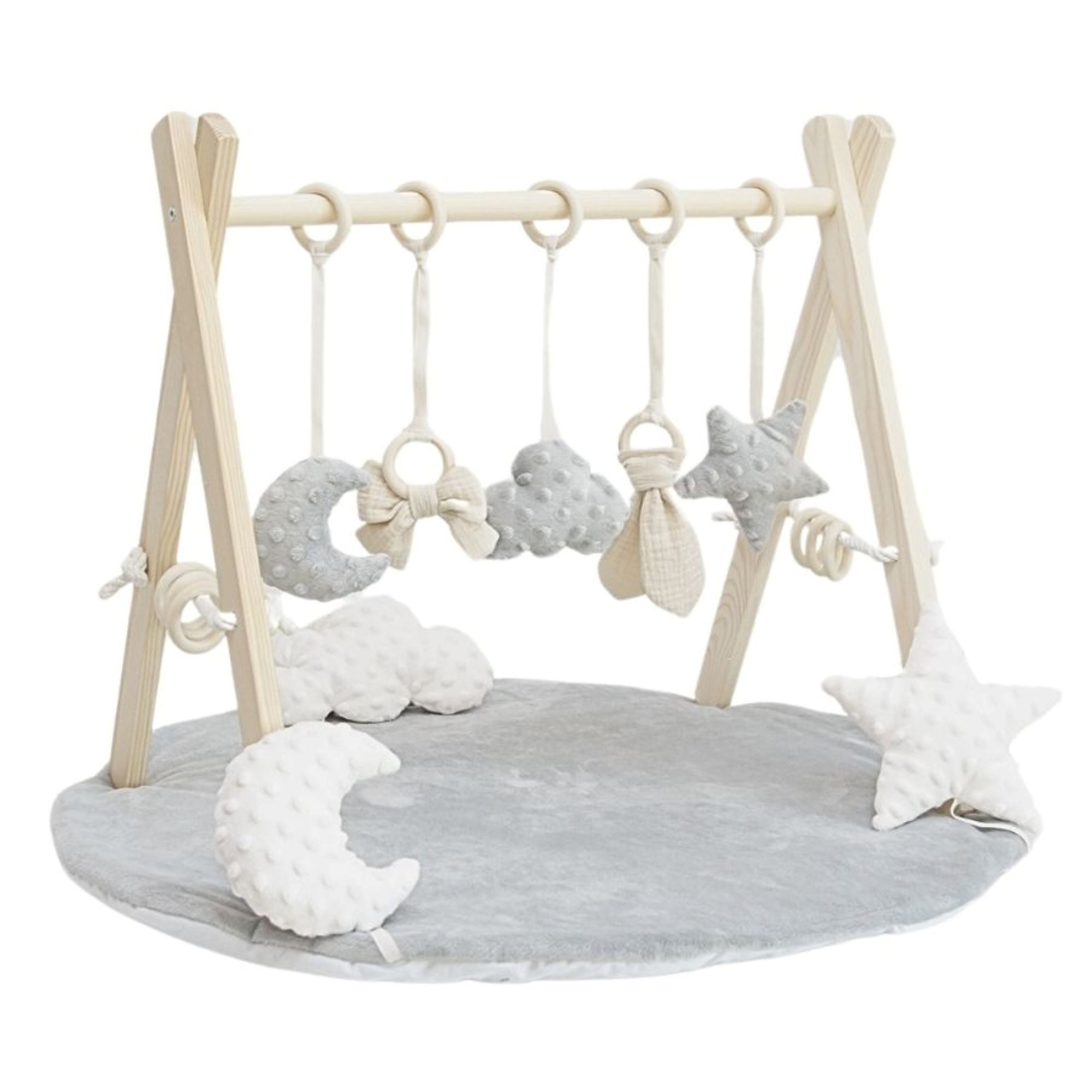 LuMali Baby Gym Holz Spielbogen klappbar 8 Spielzeuge Matte 41x58x49cm Naturholz, (5 Anhänger Spielmatte 78cm Baumwollschnüre Montageset), Spieltrapez Neugeborene sensorisch Spielmatte 78cm wendbar ab Geburt