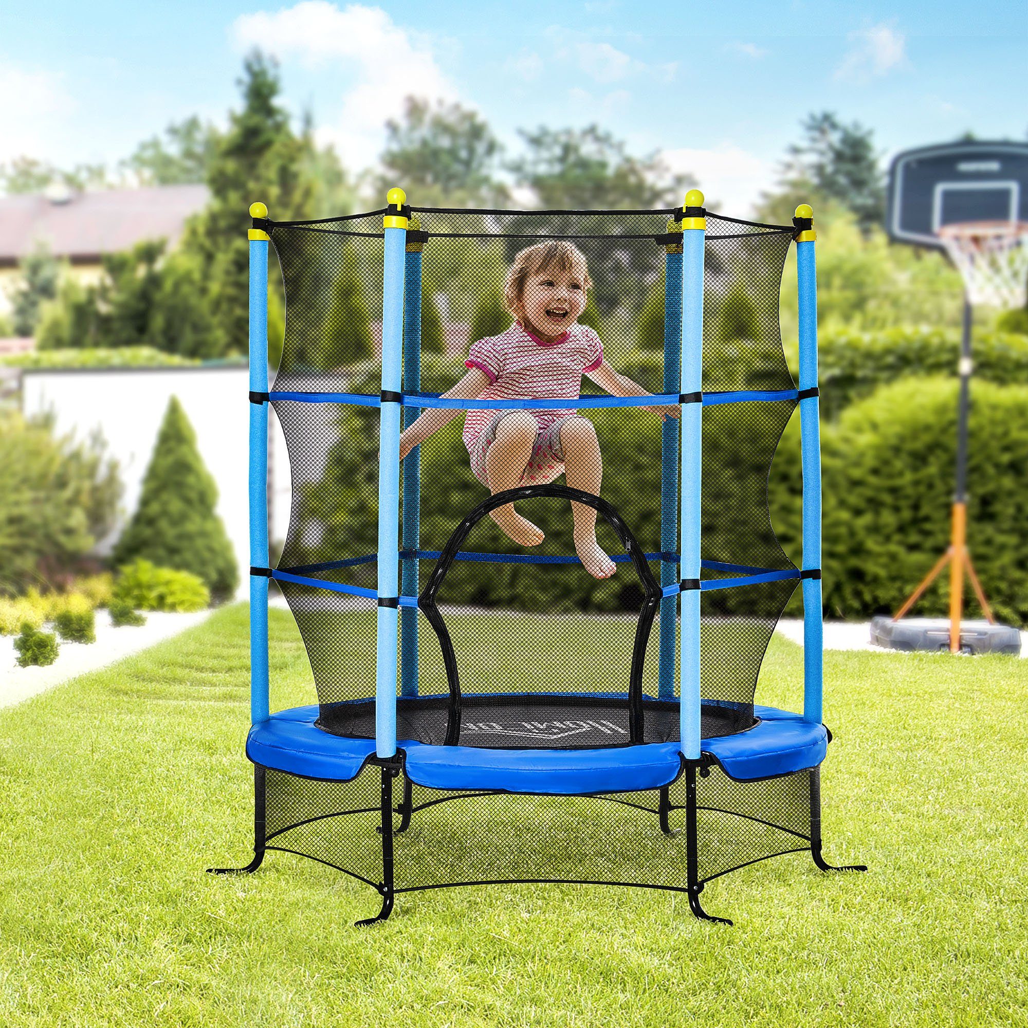 HOMCOM Kindertrampolin für Kinder Kleinkind-Trampolin für drinnen und draußen springen, Ø 163 cm, (Gartentrampolin, 1 tlg., Mini-Trampoline), für Garten, Balkon, Blau