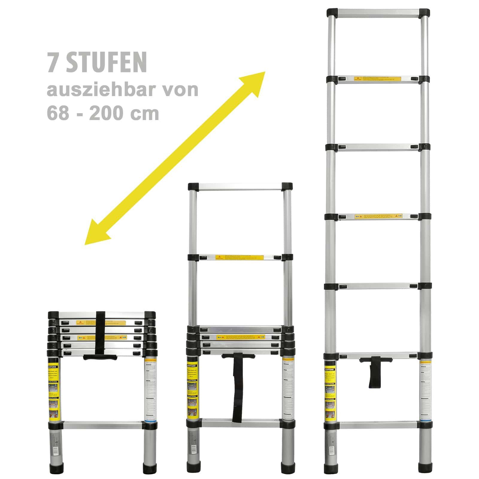 EAXUS Teleskopleiter Ausfahrbare Leiter Aluminium 2,0 Meter DIN EN 131 Mehrzweckleiter, 7 rutschfeste Sprossen, zusammenklappbar auf 68 cm