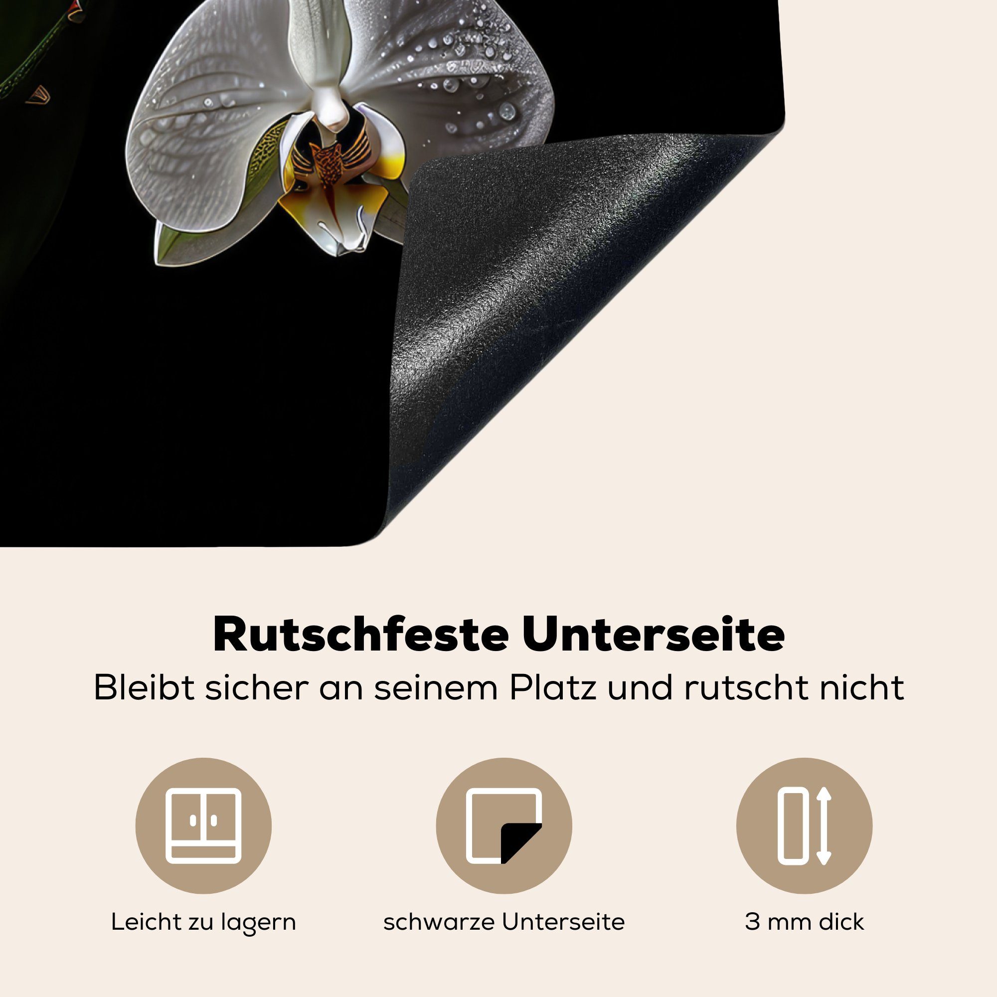 nutzbar, Orchidee Herdblende-/Abdeckplatte Vinyl, Arbeitsfläche - - Weiß tlg), Schwarz, MuchoWow Natur - Ceranfeldabdeckung Mobile Blumen 60x52 - (1 cm,