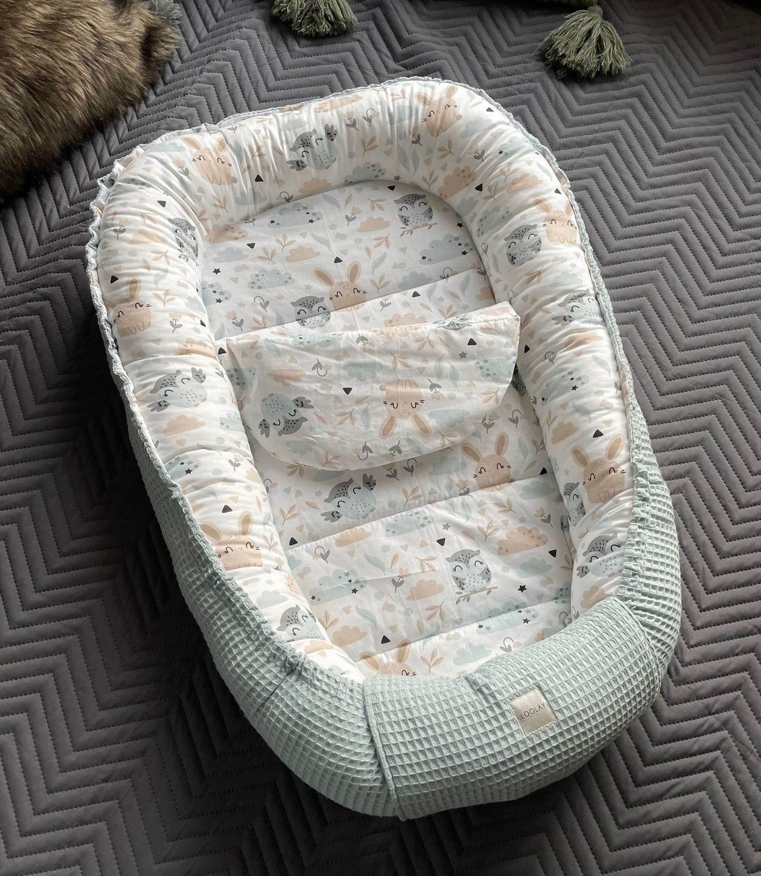 Loolay Bettnestchen Minze WAFFELPIQUE/ HASE Beige Weiß Babynest Babyausstat günstig online kaufen