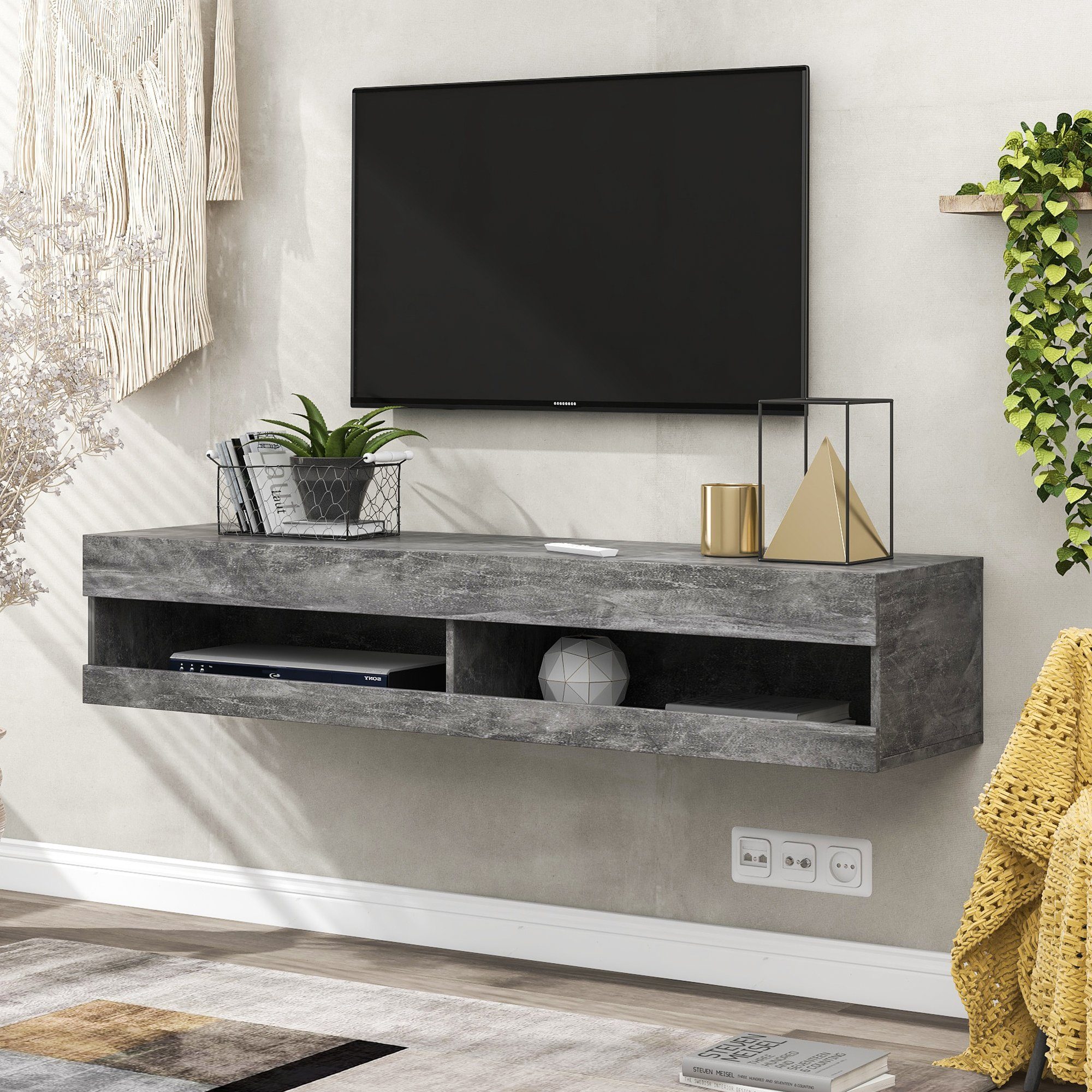 Lowboard, TV-Schrank mit LED-Belechtung, Breite 140 cm, stehend und hängend