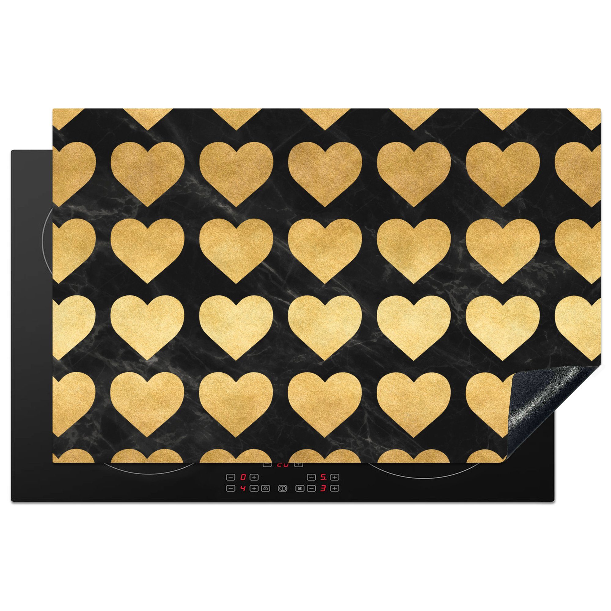MuchoWow Herdblende-/Abdeckplatte Muster - Herz - Gold - Schwarz, Vinyl, (1 tlg), 81x52 cm, Induktionskochfeld Schutz für die küche, Ceranfeldabdeckung