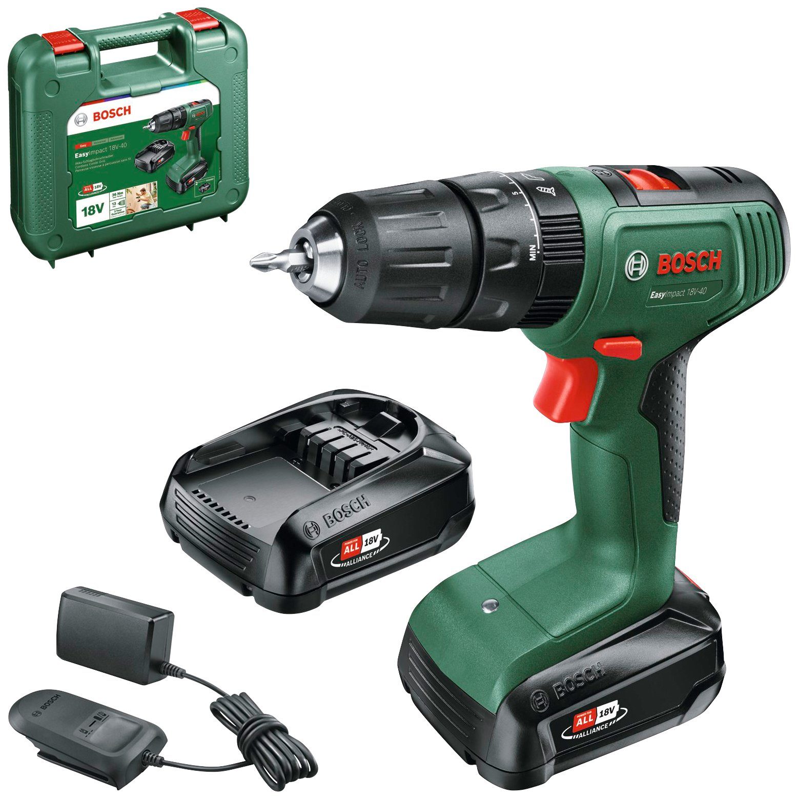 Home Koffer, und & 18V-40, Akkus Akku-Schlagbohrschrauber EasyImpact 18V/2Ah mit 2 Garden Inkl. Bosch Ladegerät