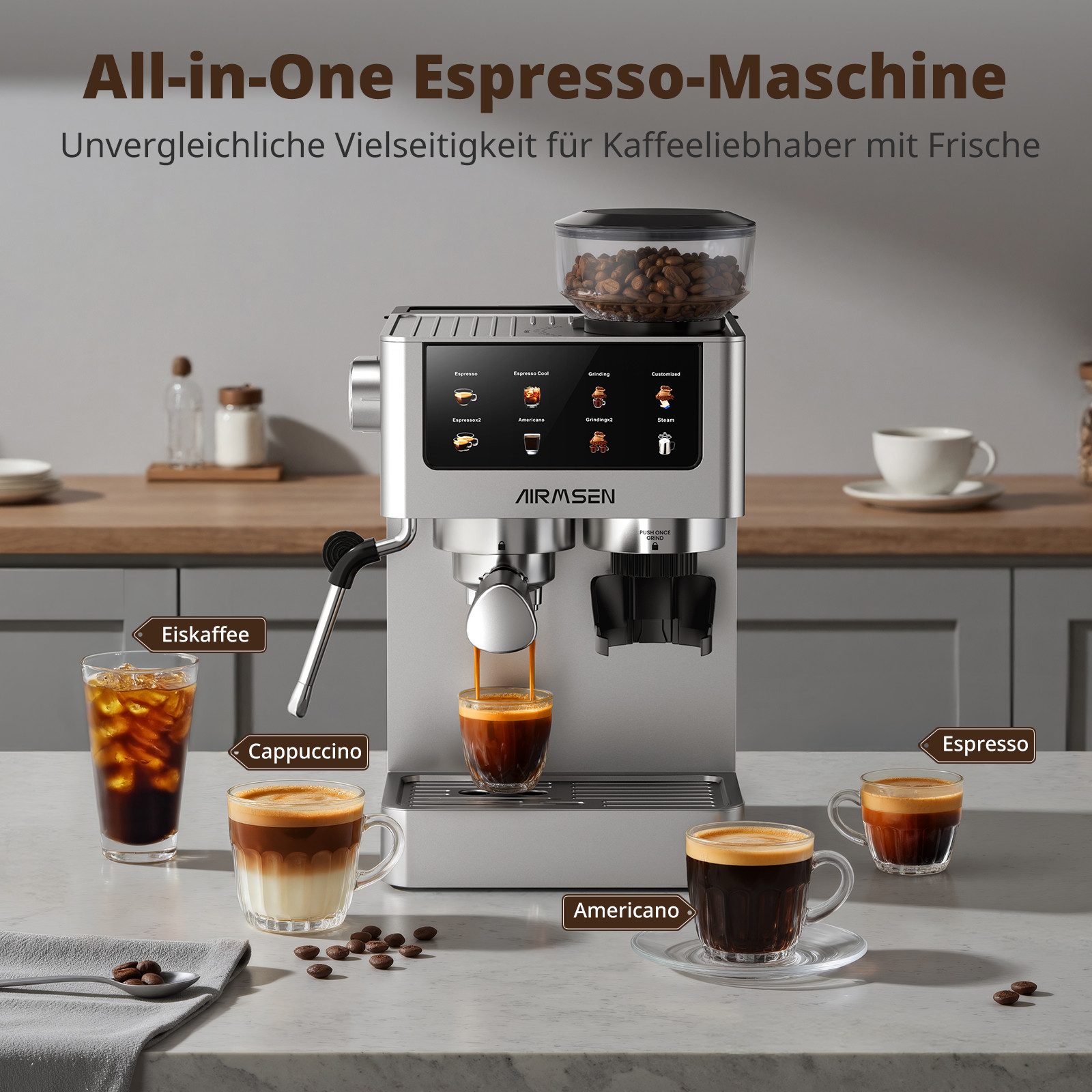 Airmsen Espressomaschine mit integrierter Mahlfunktion,20 Bar,Cold Brew, Individuell einstellbare Mahlmenge & Kaffeeausgabe,siebträgermaschine