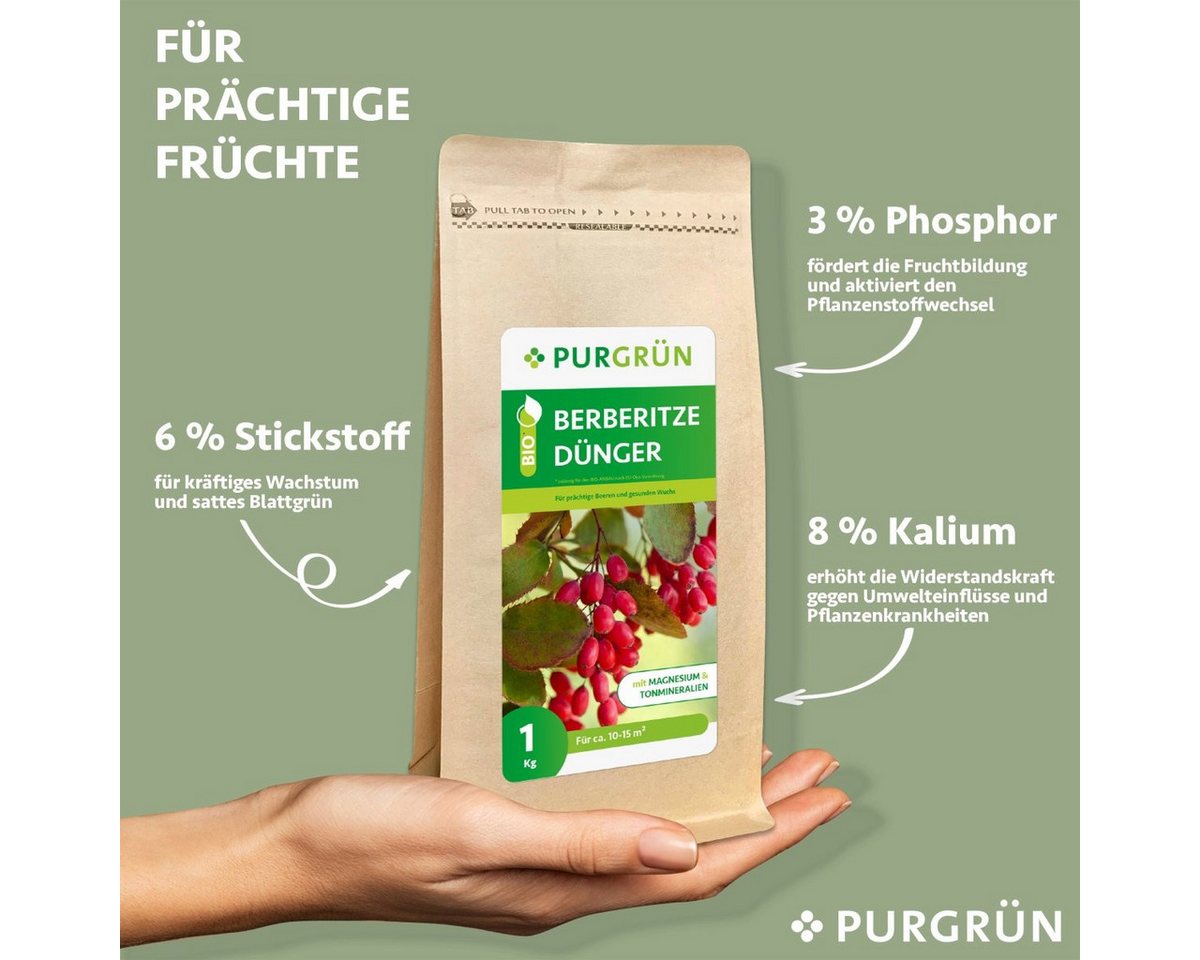 Thumbnail - Purgrün Gartendünger Purgrün Bio Berberitze Dünger, NPK 6+3+8, Magnesium, 1 kg, Bio-Krümelgranulat, Natürliche Sofort- u...