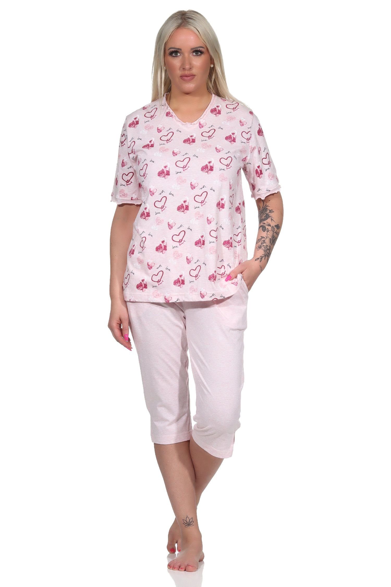 Normann Pyjama Damen kurzarm Capri Schlafanzug in Herz Optik - auch in Übergrößen rosa