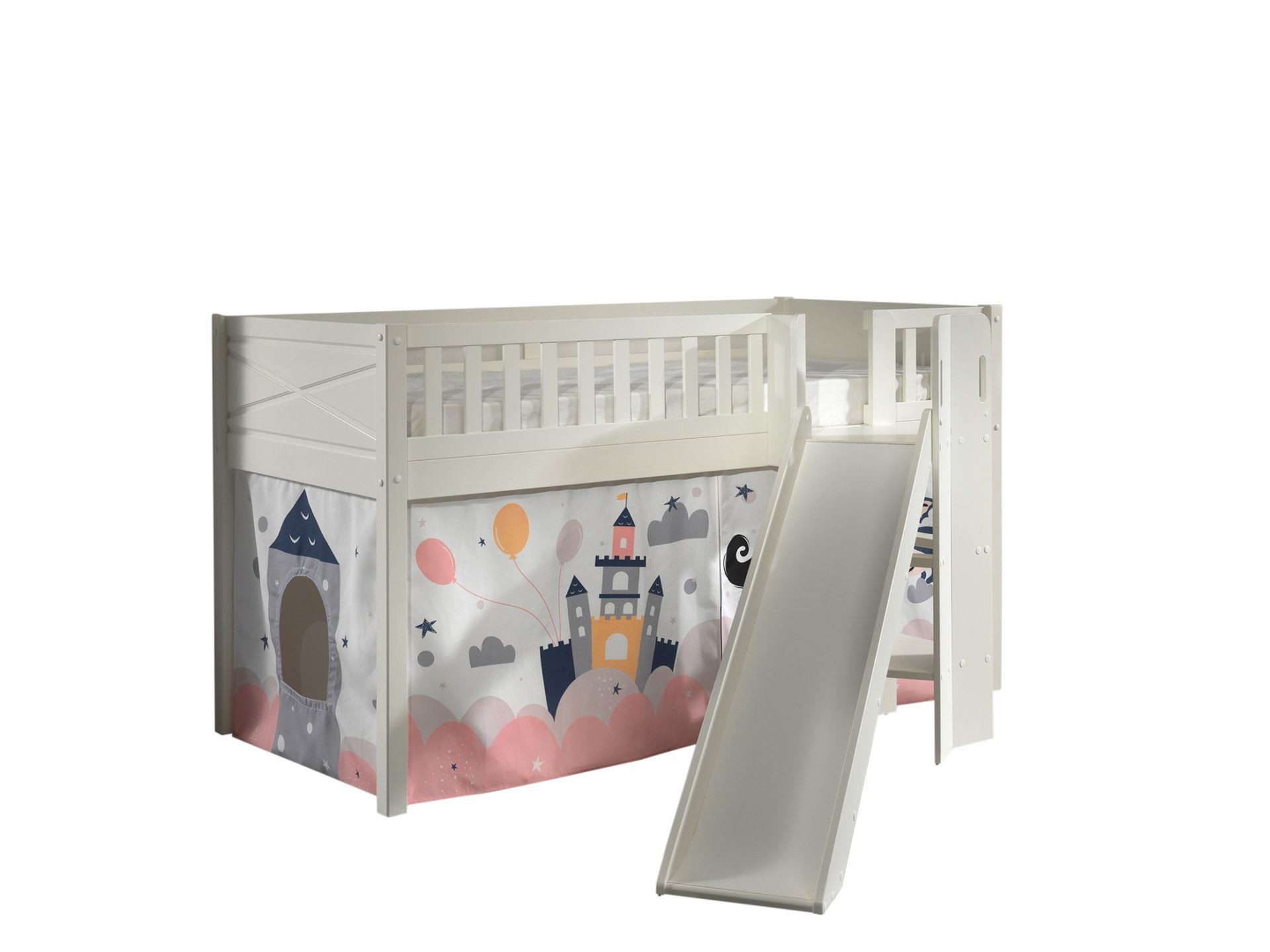58 aufm Kessel Bettgestell Spielbett mit Rutsche Karyl 208x204x114 Massivholz Princess Sophie (inkl. Versand, Lieferung bis Verwendungsstelle), Liegefläche 90 x 200, Rutsche im 33° Winkel, Rolllattenrost, Textilset