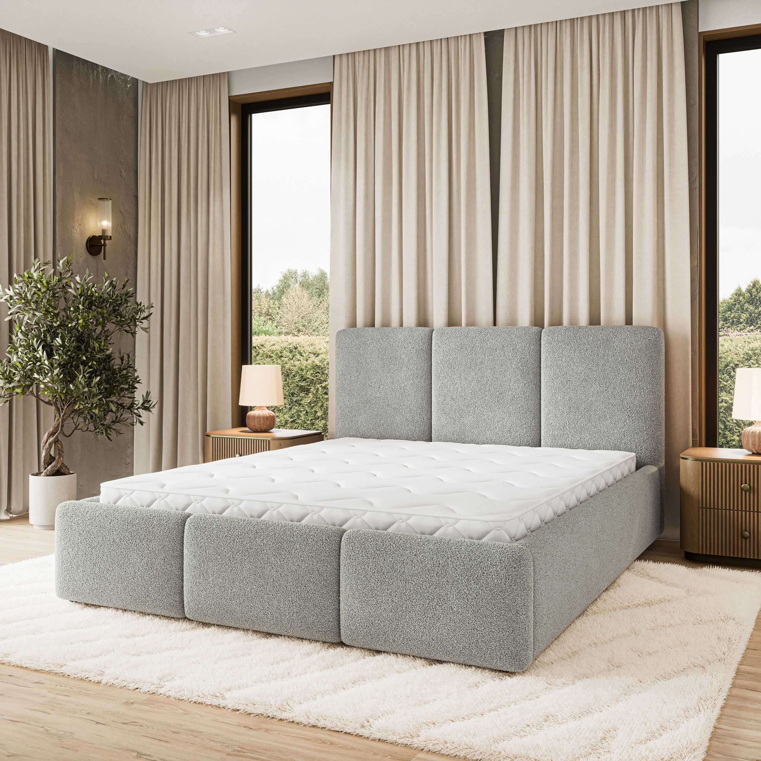 Masseno Polsterbett MORENA 200x200 cm grau (mit Bettkasten und Lattenrost)