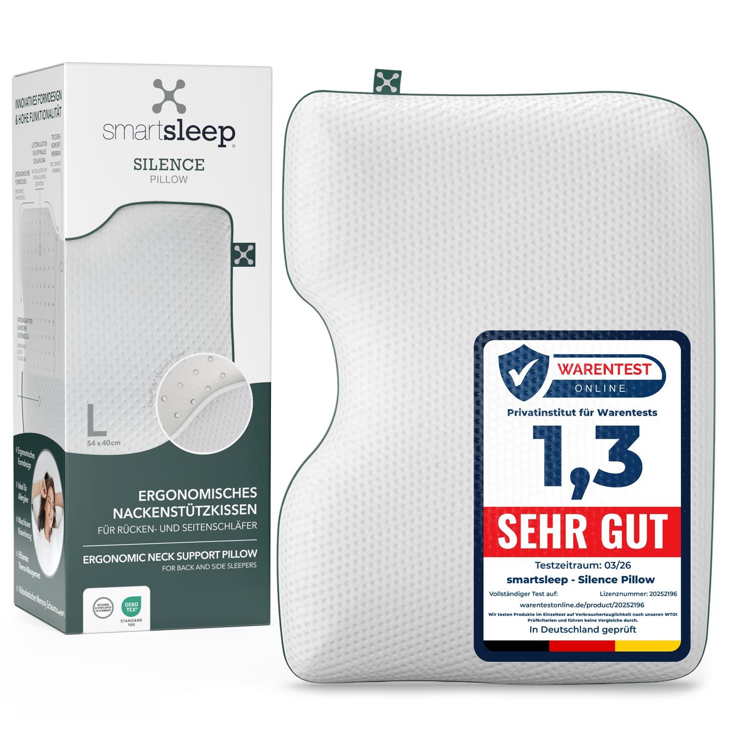 smartsleep Nackenkissen Silence Pillow, Ergonomisches Nackenstützkissen aus Memory Foam, HWS-stützend für Rücken- & Seitenschläfer
