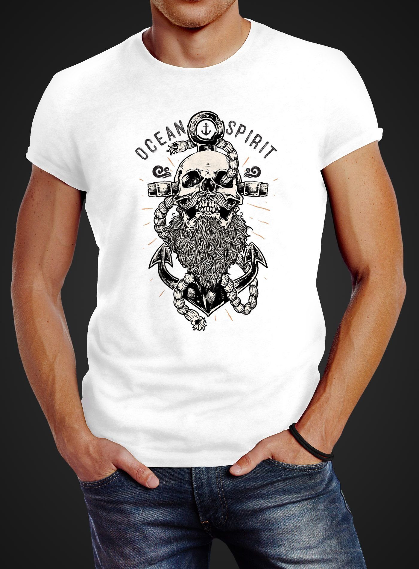 Captain Anker Neverless® Totenkopf Skull mit Print-Shirt Neverless Bart Herren Slim T-Shirt Kapitän weiß Ocean Print Fit Spirit