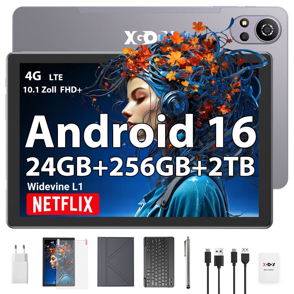 XGODY N05 Pro VIP (2SIM-4GLTE) mit Tastatur, Ledertasche und Ladegerät Tablet (10.1", 256 GB, Android 16, 2G (GSM), 3G (WCDMA), 4G (LTE), WLAN, SIM-Kartenslot, Gesichtserkennung, Ledertasche für Tastatur)
