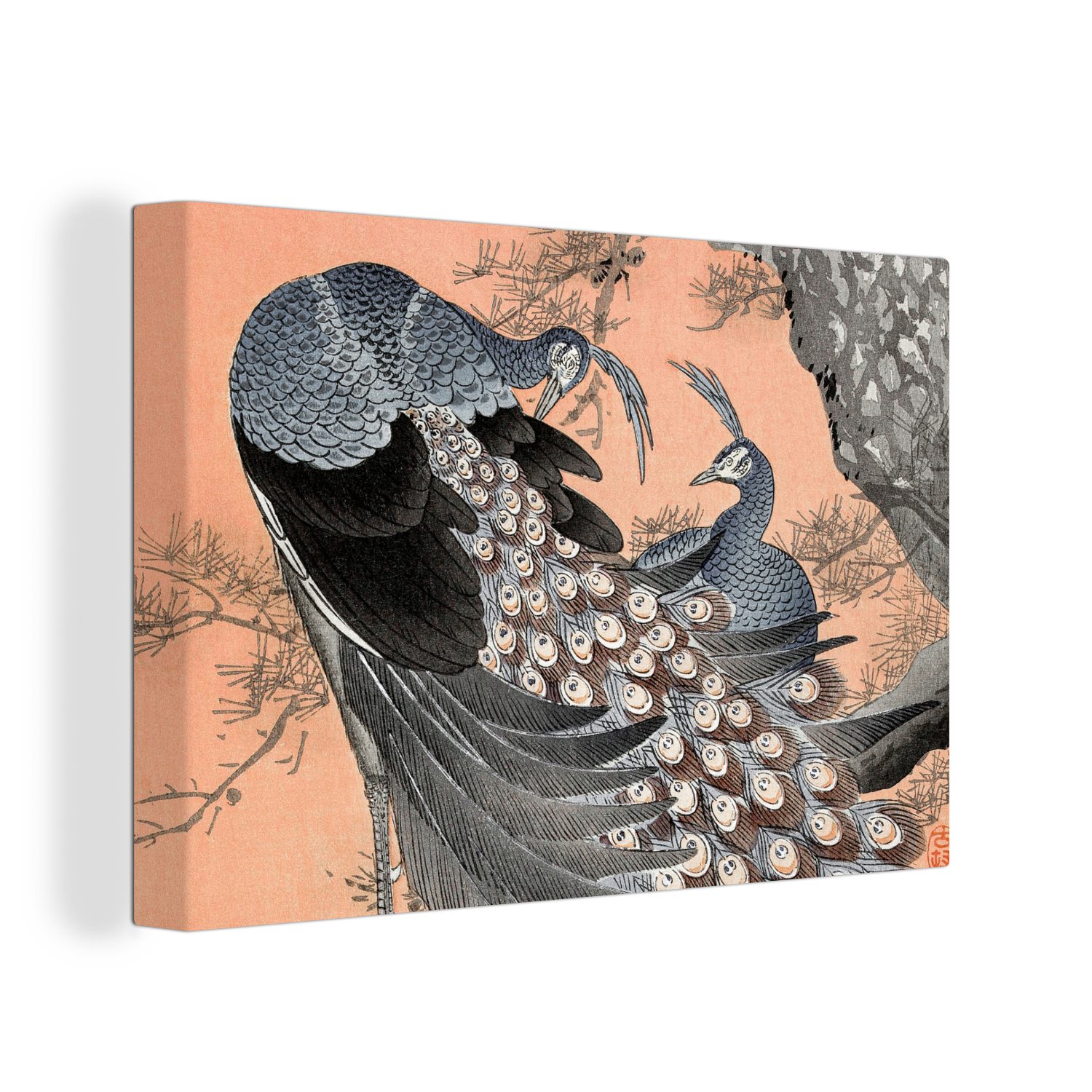 St), Pfau Leinwandbild Japandi - Wandbild (1 - OneMillionCanvasses® Wanddeko, Vintage Aufhängefertig, cm - Leinwandbilder, 30x20 Tiere,