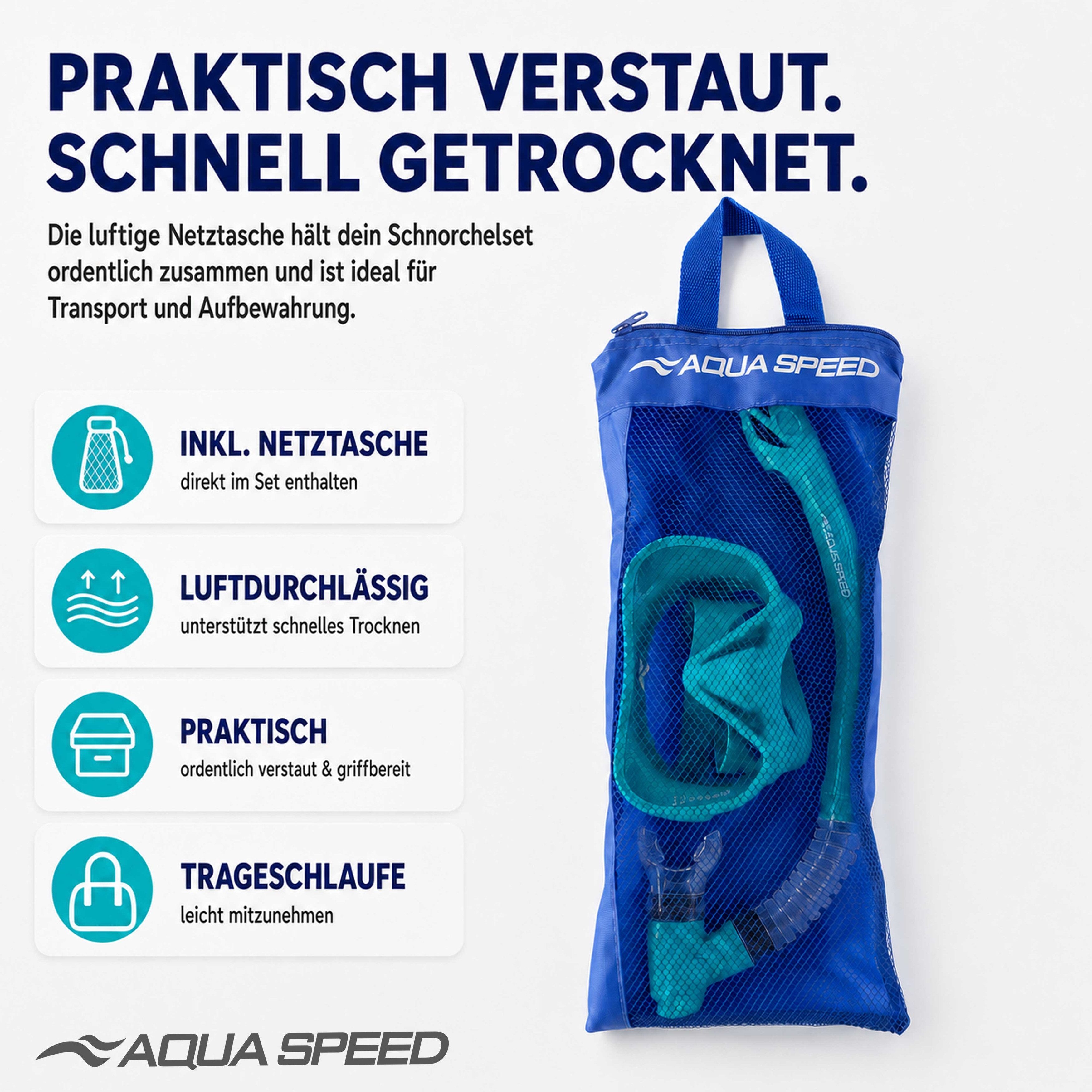 Aqua Speed Schnorchel Carprera & Elba Tauchmaske und Schnorchel Set, Taucher Set (Schwimmmaske mit gehärtetem Glas), Taucherbrille Stoffband Einzellinse – Bild 5 von 5