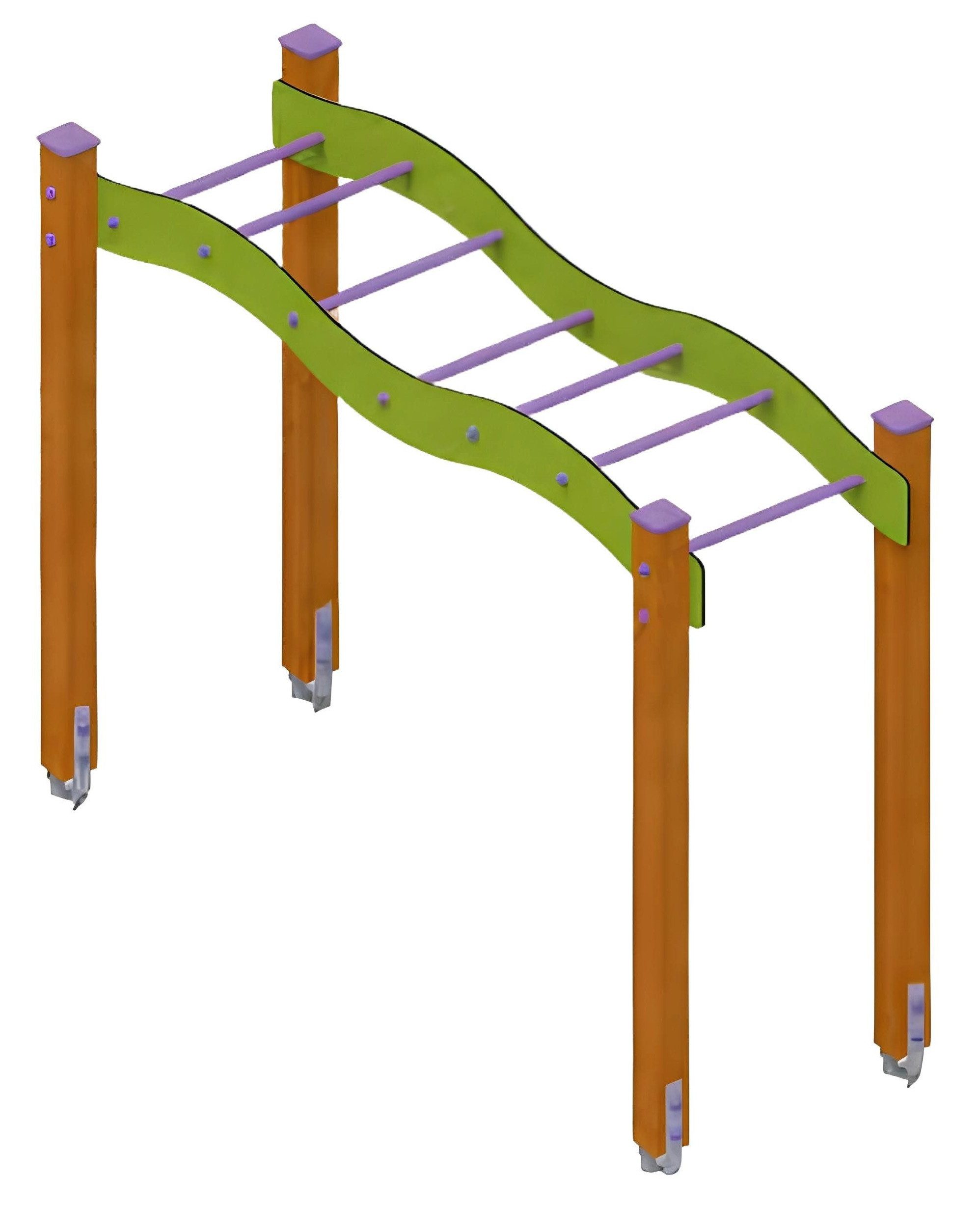 Klettergerüst Hangelbalken mit Abenteuerbrücke und Wackelsteg aus Holz