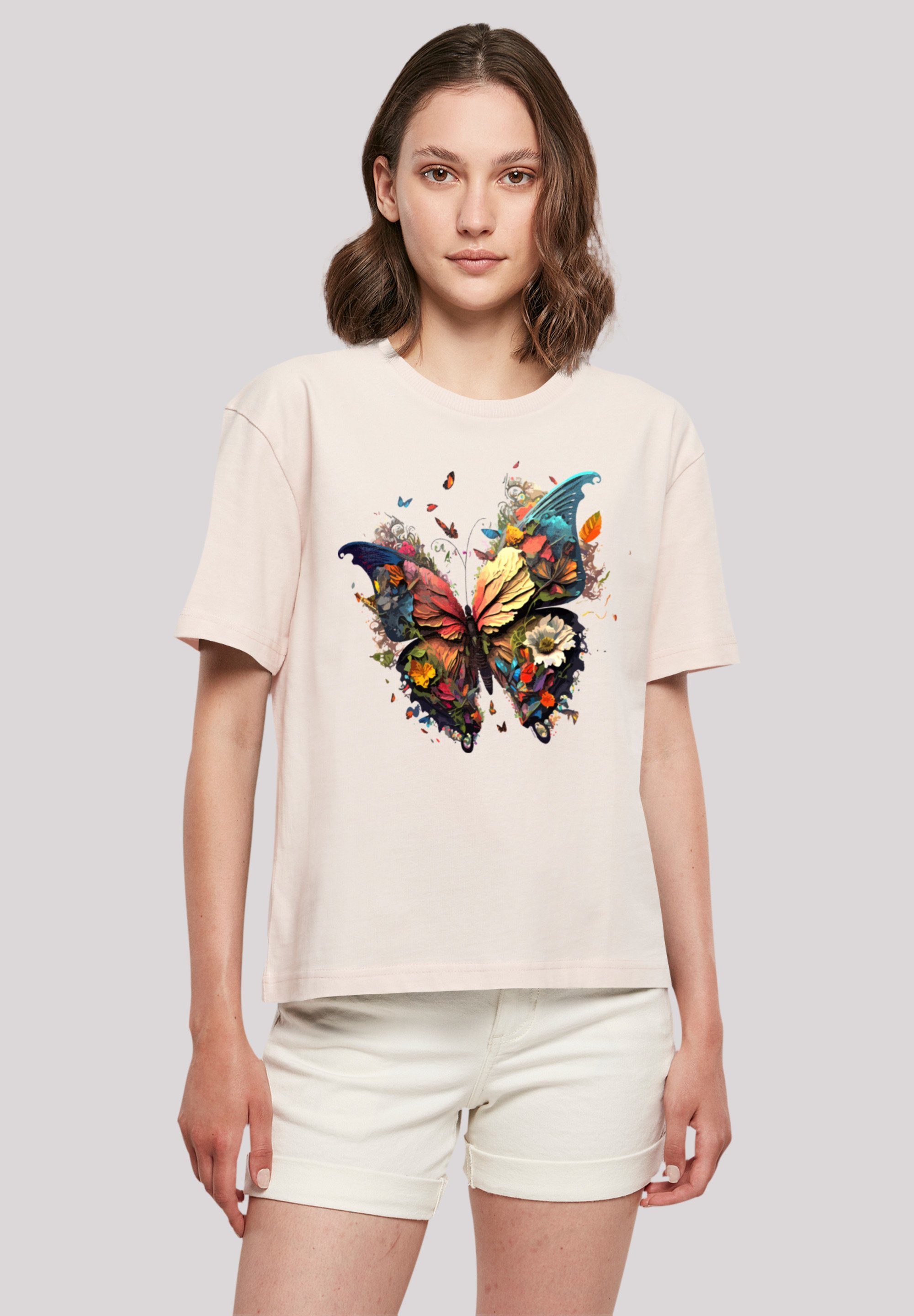 Print, T-Shirt stylischen Schmetterling Look Rundhalsausschnitt F4NT4STIC Magic Gerippter für
