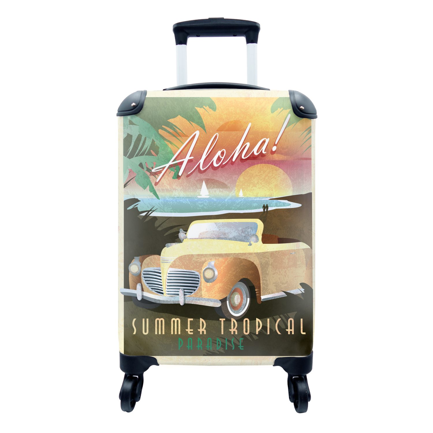 MuchoWow Handgepäckkoffer Vintage Illustration Auto am Strand, 4 Rollen, Reisetasche mit rollen, Handgepäck für Ferien, Trolley, Reisekoffer