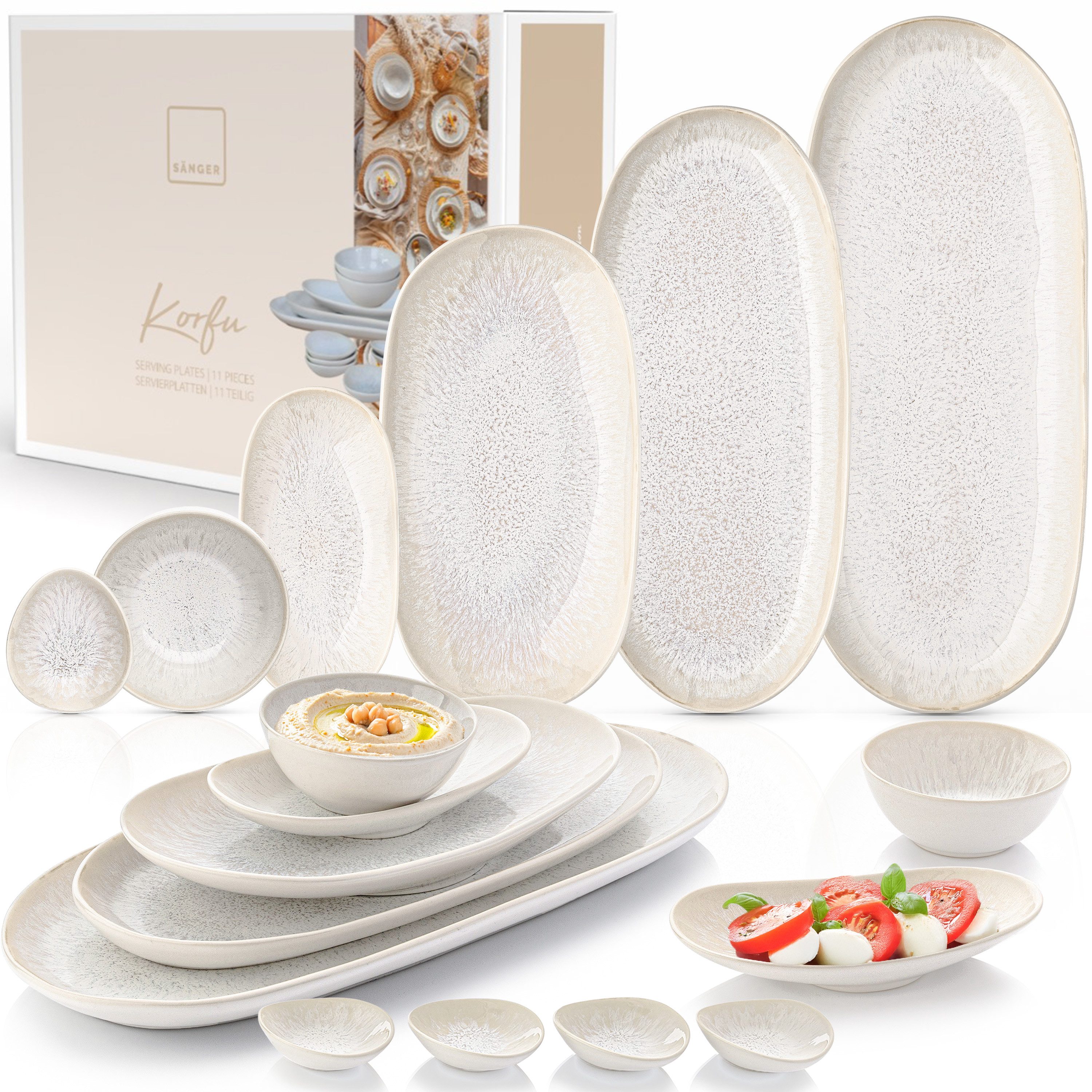 SÄNGER Tafelservice Korfu Geschirrset (11-tlg), 6 Personen, Steingut, Servierplatten Set, Creme Beige, Handmade, Premium Collection