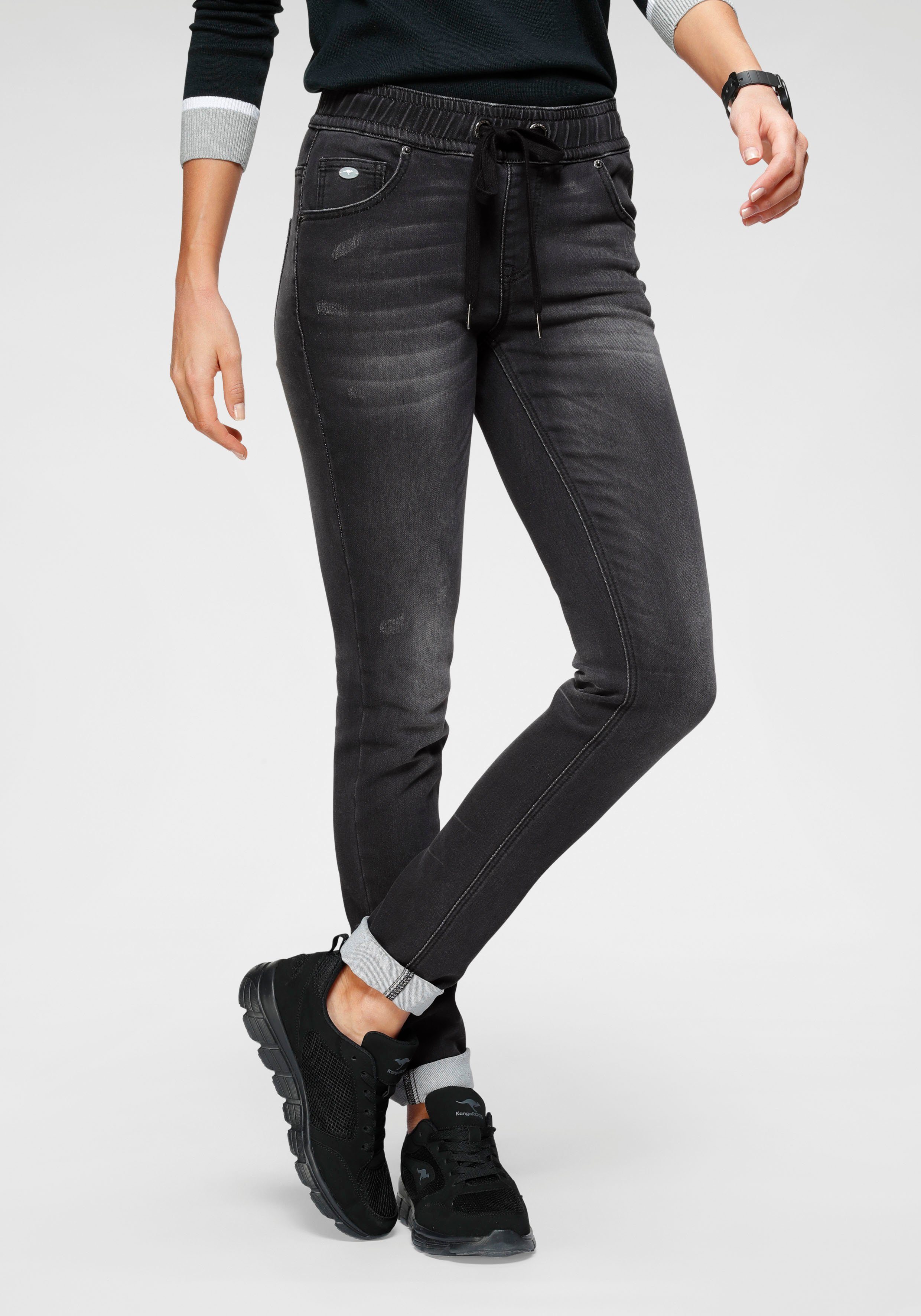 Pants in Jogg elastischem black-used Bündchen Denim-Optik mit KangaROOS