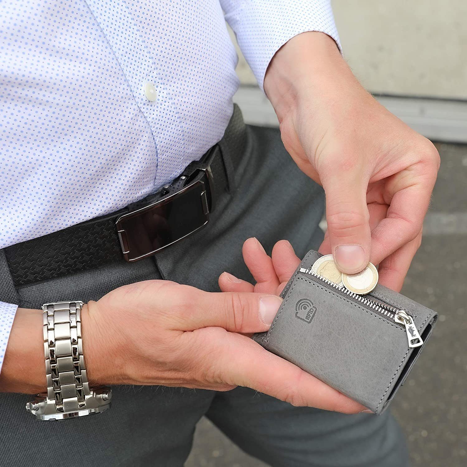 Solo Pelle Brieftasche Leder, Europe Riga RFID [RFID-Schutz], Karten] Schutz, in Macde Steingrau Münzfach [12 mit Slim Slimwallet Wallet echt