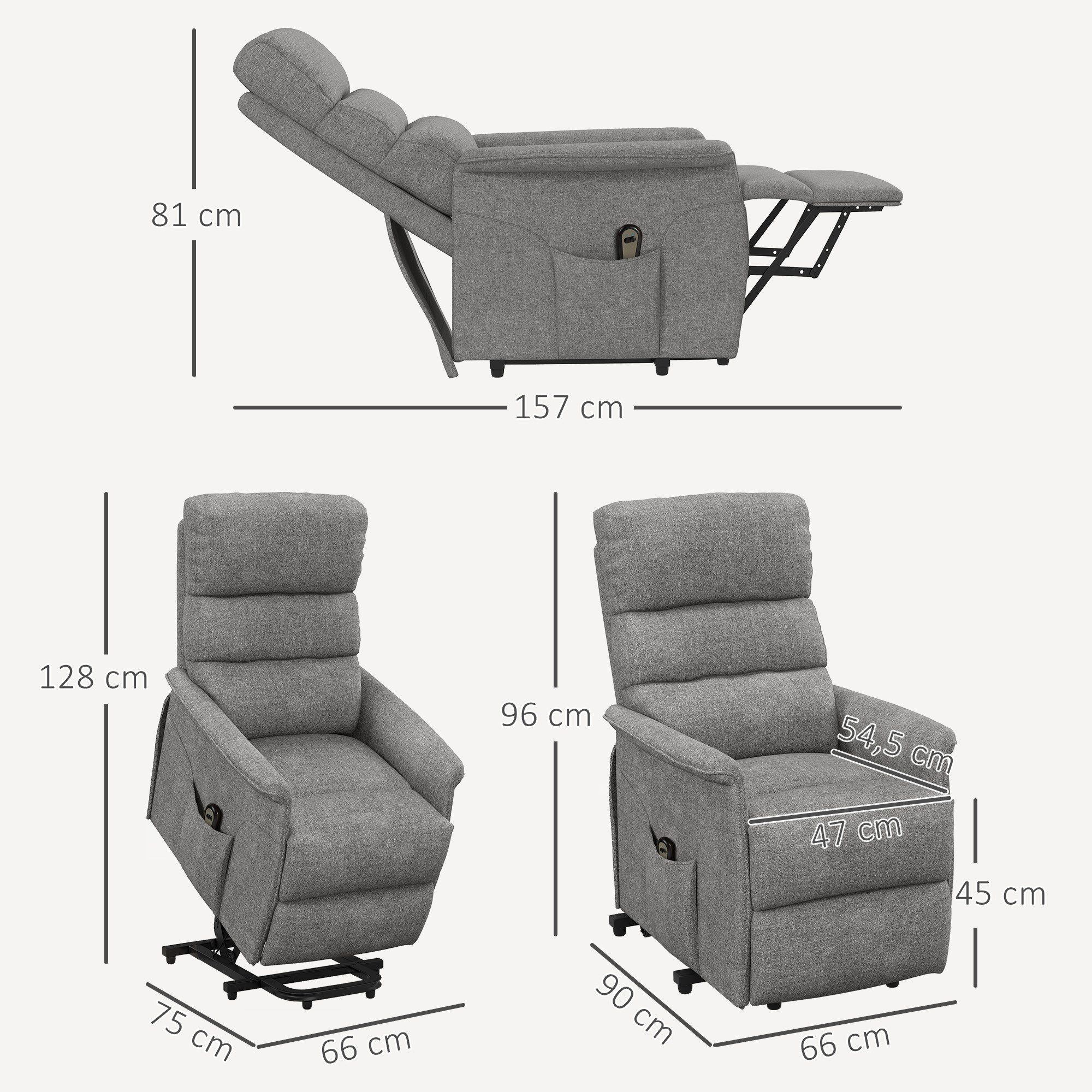 HOMCOM Relaxsessel Sessel mit Leinenoptik, Taschenfeder und Fernbedienung (TV-Sessel, 1-St., Fernsehsessel), für Wohnzimmer, Grau