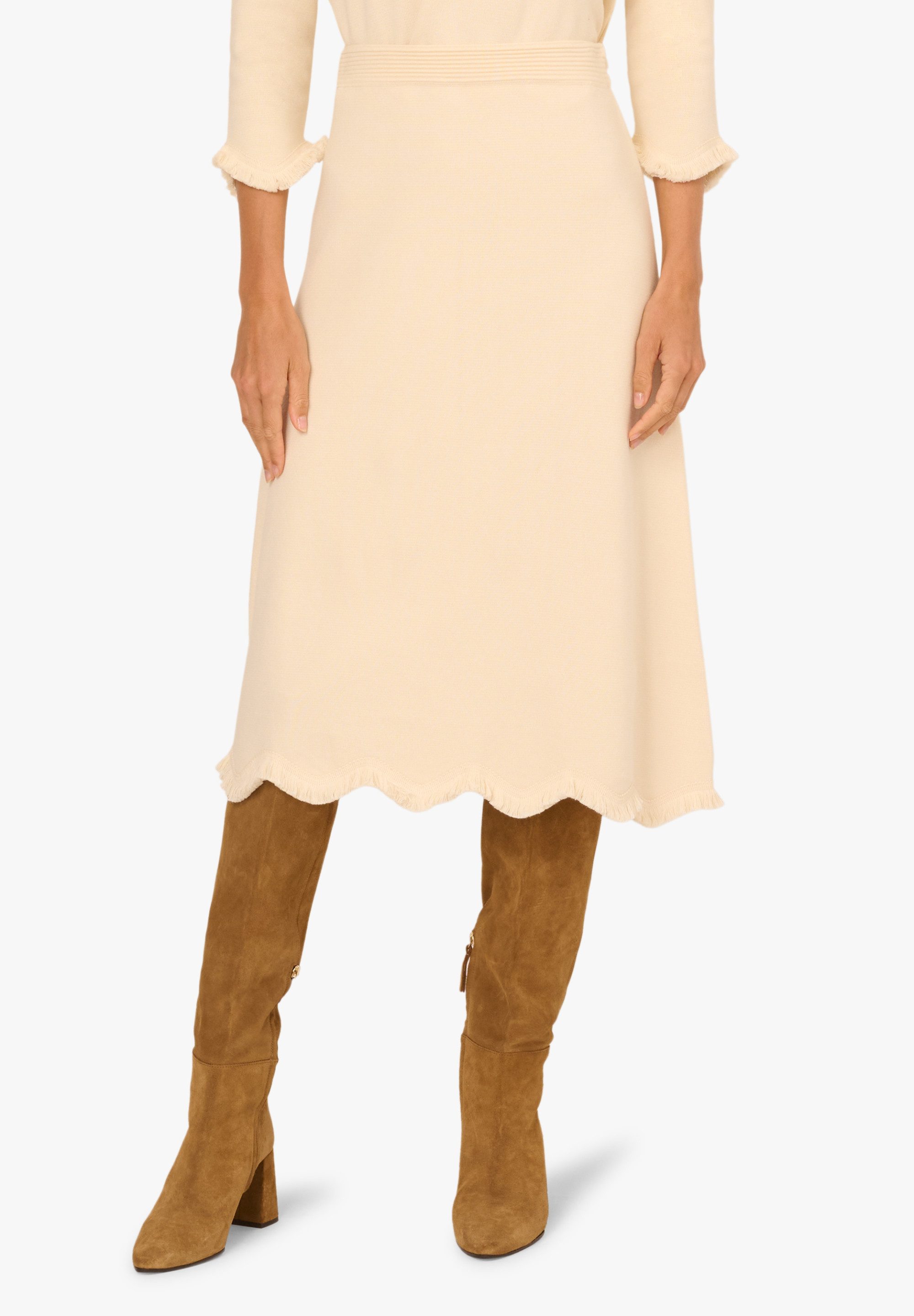 Adrianna Papell Sommerrock Pull On A-Line Sweater Midi Skirt with Wavy Fringe Hem A-Linien-Strickrock mit weich gewelltem Saum