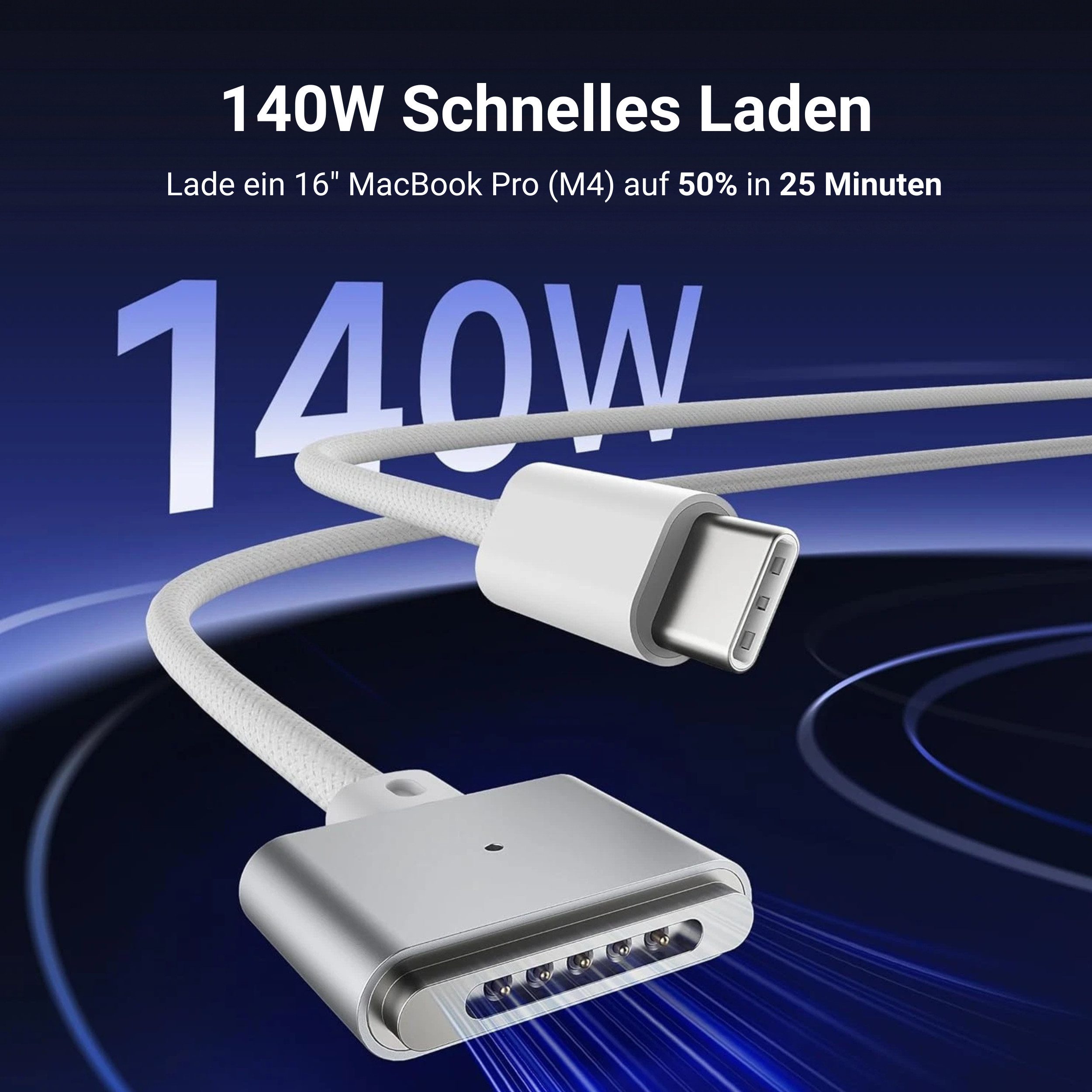 PlugUp MagSafe 3 Ladekabel 140W Schnellladekabel für MacBook Air & Pro magnetisches Ladekabel, USB-C, MagSafe 3, USB Typ C (200 cm), Ladekabel für MacBook Pro M1 M2 M3 M4 M5 MacBook Air M2 M3 M4 M5