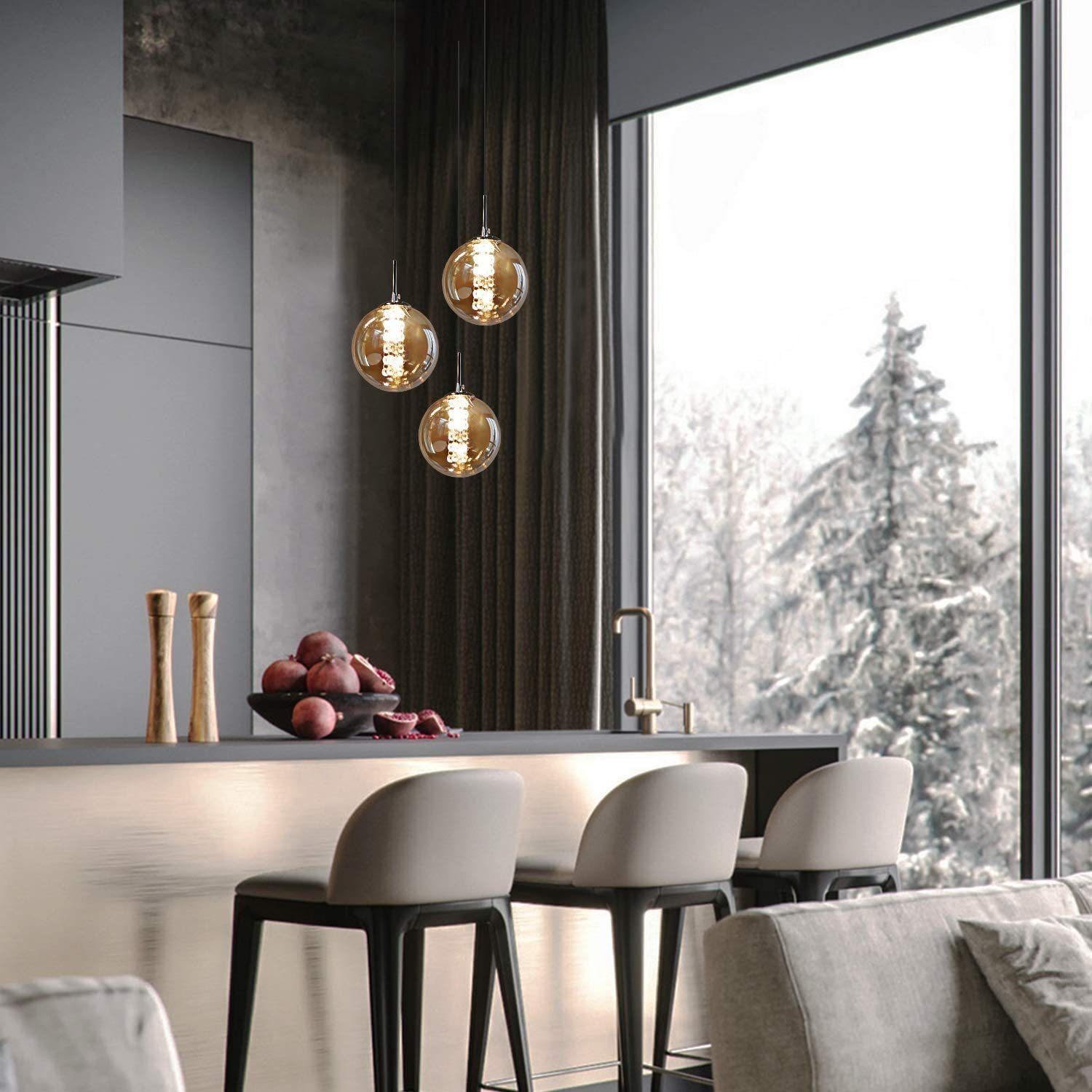 Nettlife Pendelleuchte G9 Hängelampe modern Bernstein/Grau Glas 1/3/4/6/10/15 Flammig, Höheverstellbar, LED wechselbar, Warmweiß, für Küchen Wohnzimmer Schlafzimmer Flur